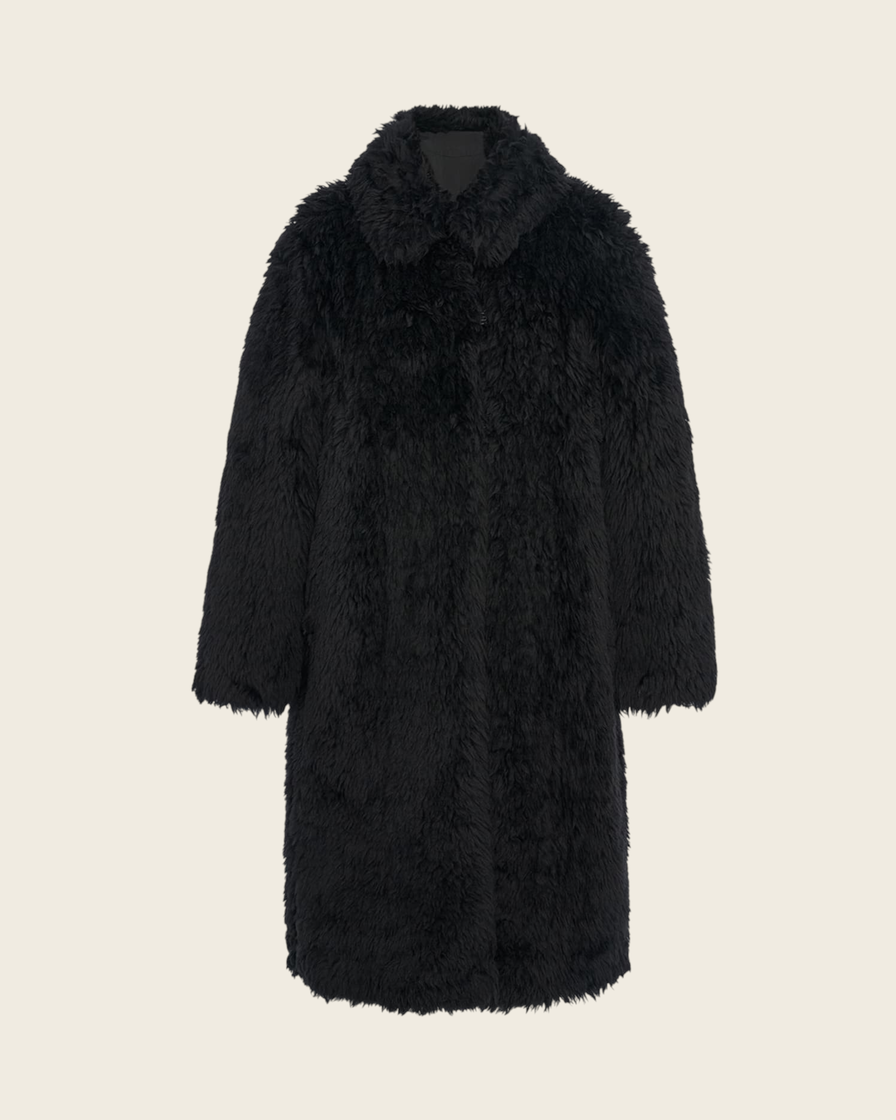 Weldun black faux fur Balmacaan coat with a relaxed oversized fit, point collar, and front frog closures.