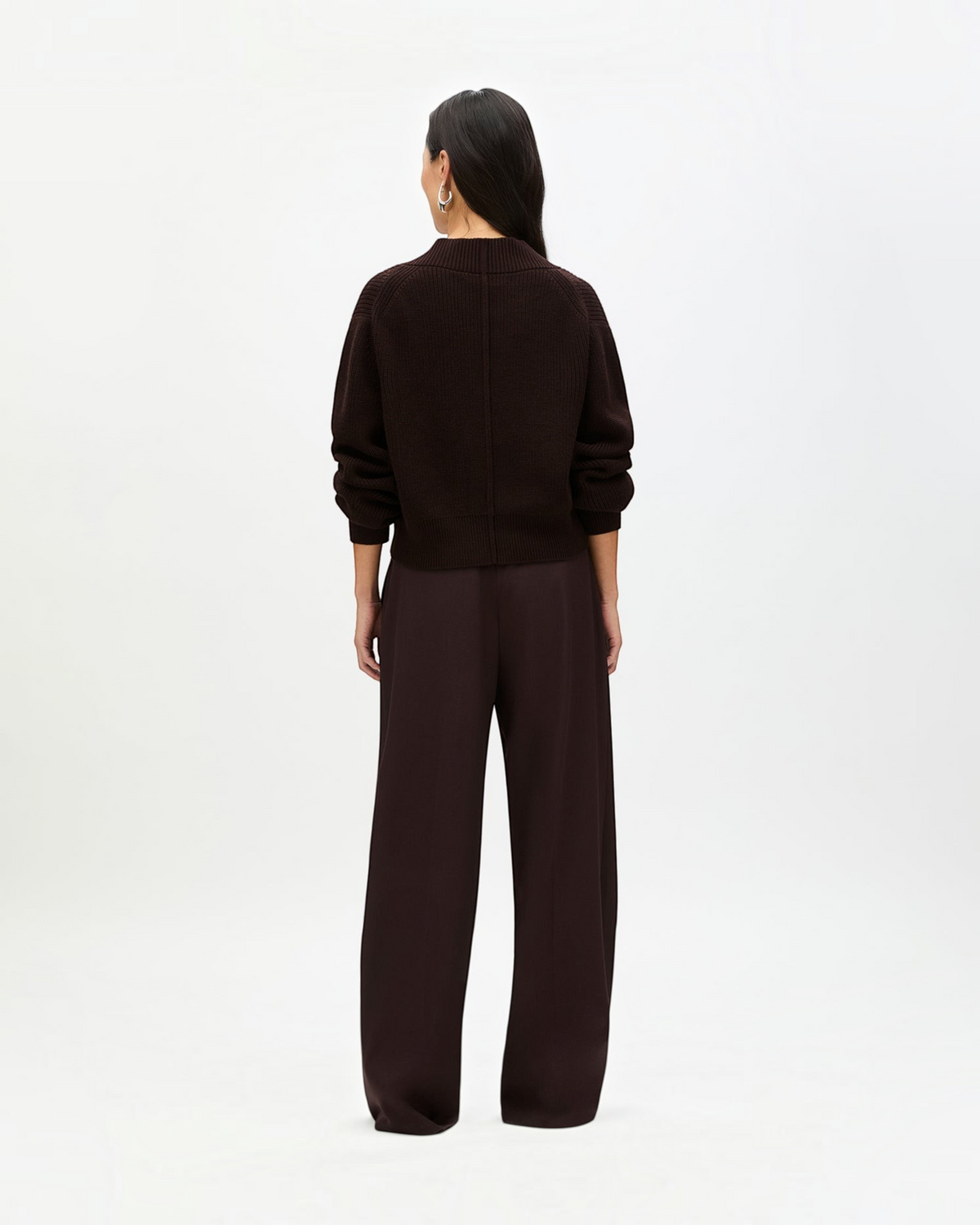Weldun chocolate brown ribbed cropped cardigan worn by a model from the back, featuring seam details and long sleeves.