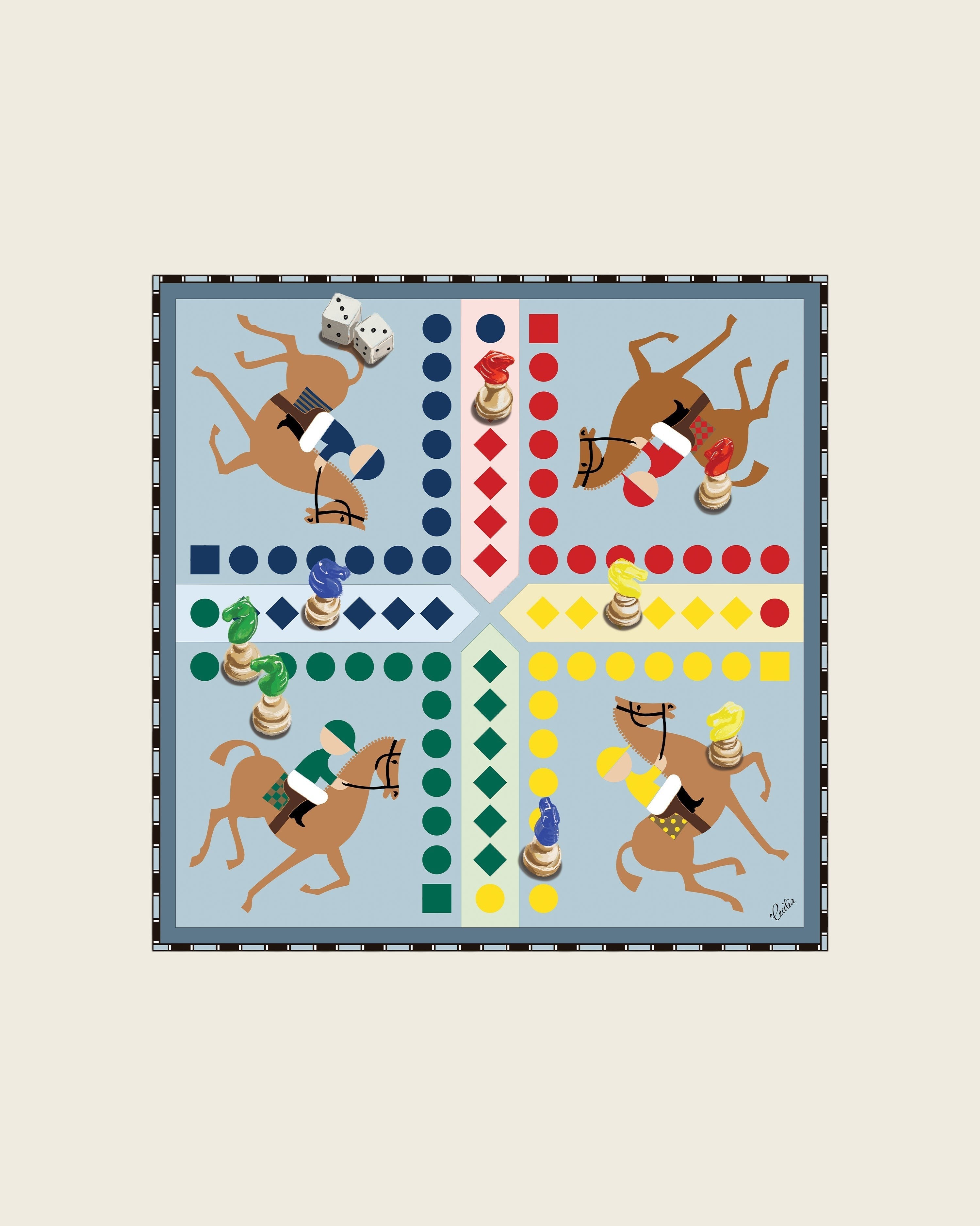 Weldun Jeu Des Petits Chevaux 65 silk twill scarf featuring a colorful French board game print on a light blue base.