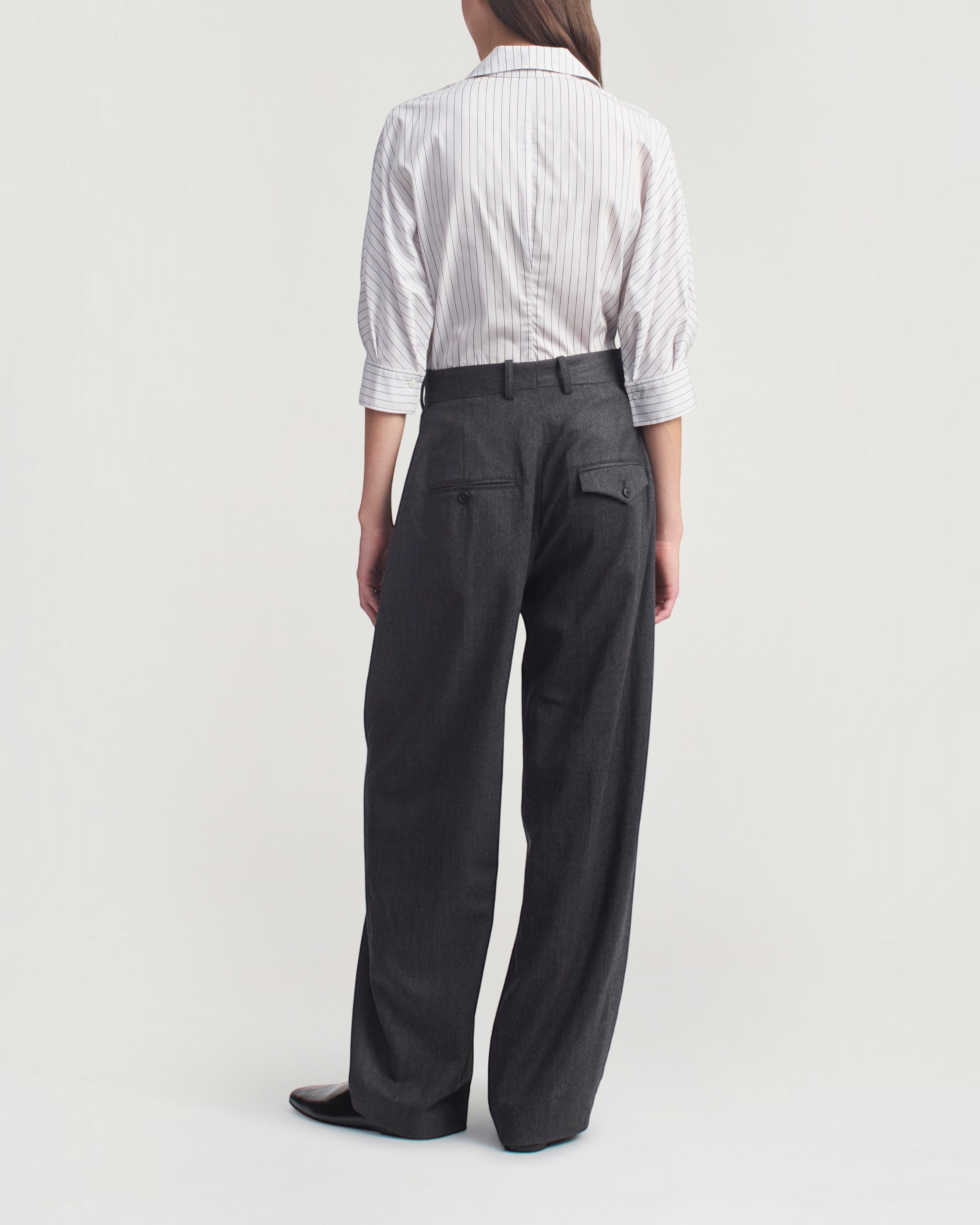 Weldun Colette 3/4 sleeve navy striped cotton poplin button down shirt worn with charcoal wide leg trousers