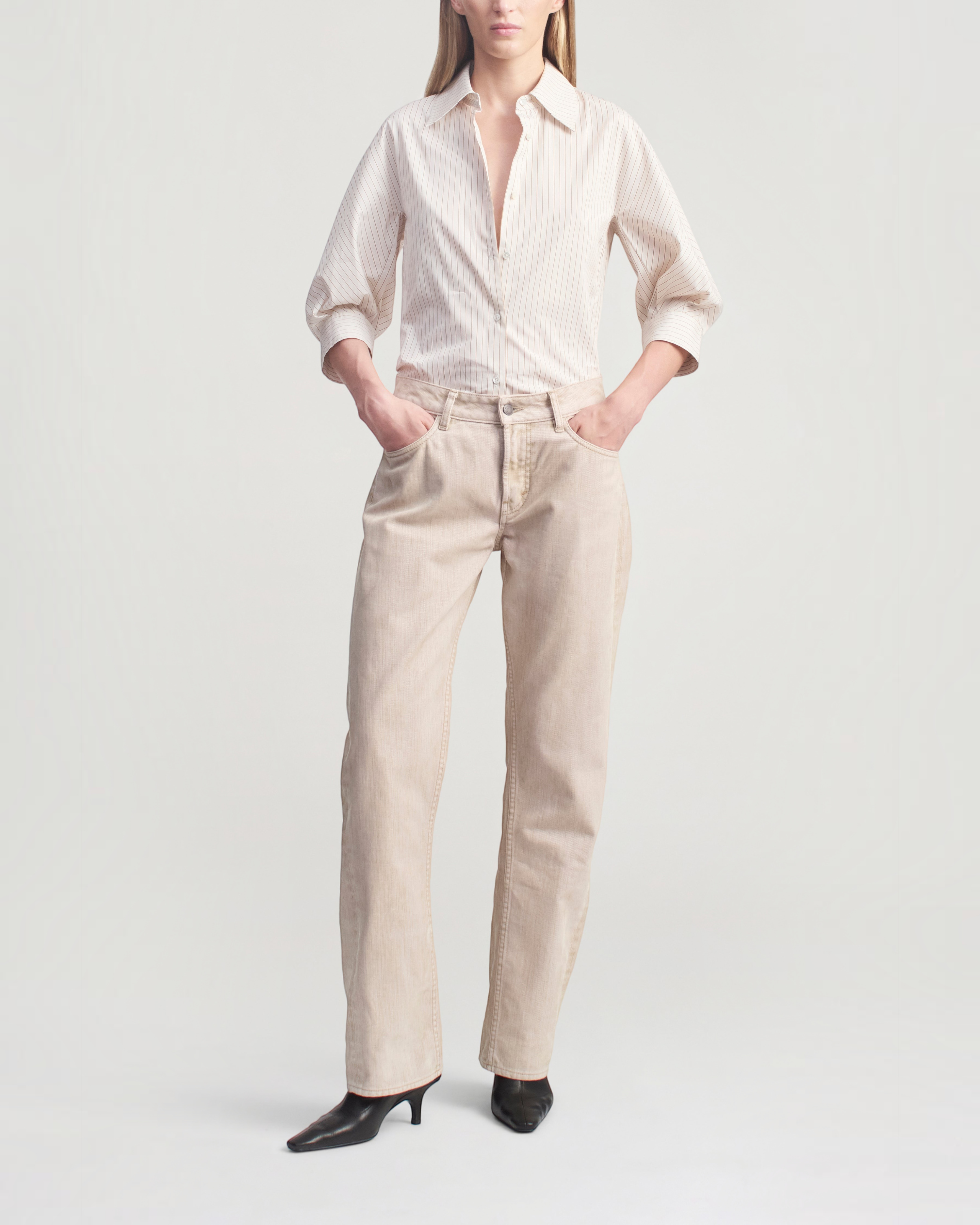 Weldun Colette 3/4 sleeve button-down shirt in sepia stripe cotton poplin with pointed collar and voluminous sleeves.