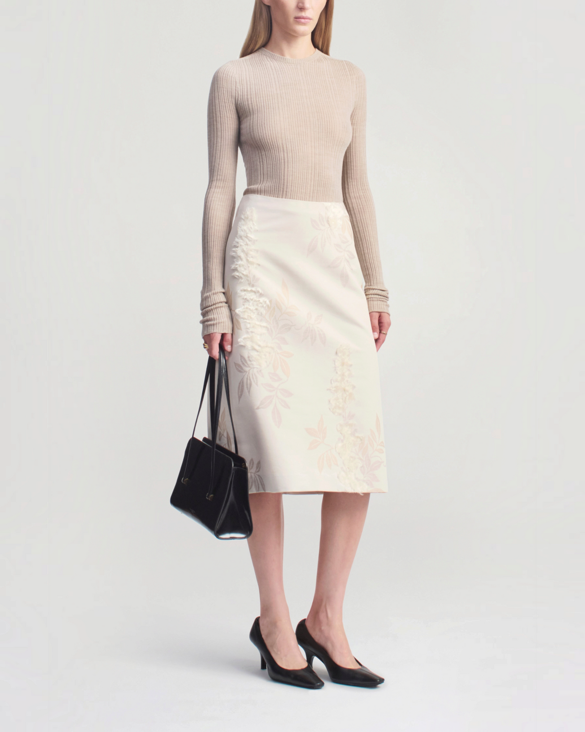 Weldun KALLMEYER Fabi fitted long sleeve top in oyster superfine pointelle knit with elongated gathered sleeves.