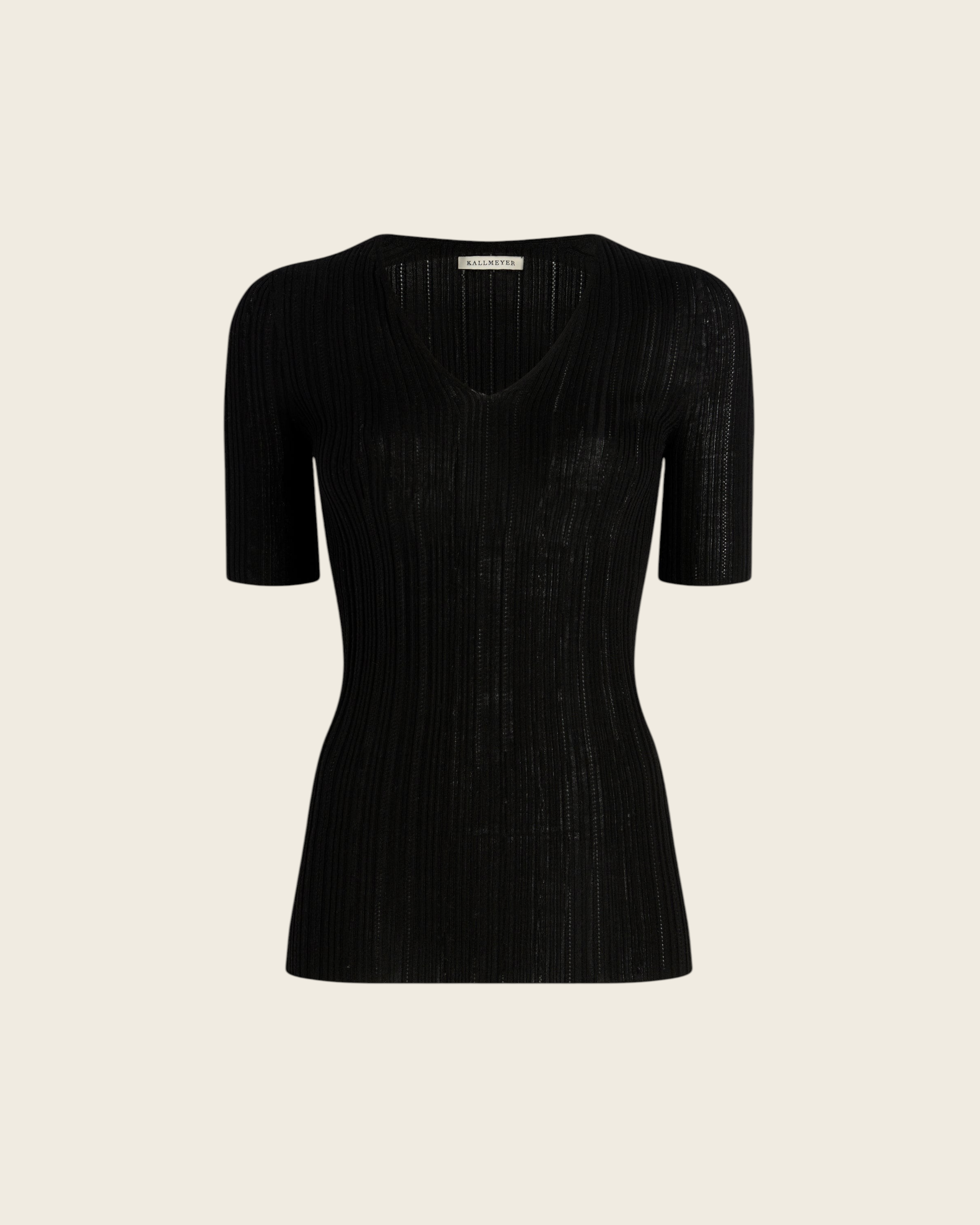 Weldun KALLMEYER Pika black superfine pointelle knit V-neck top with elbow-length sleeves and seamless construction.