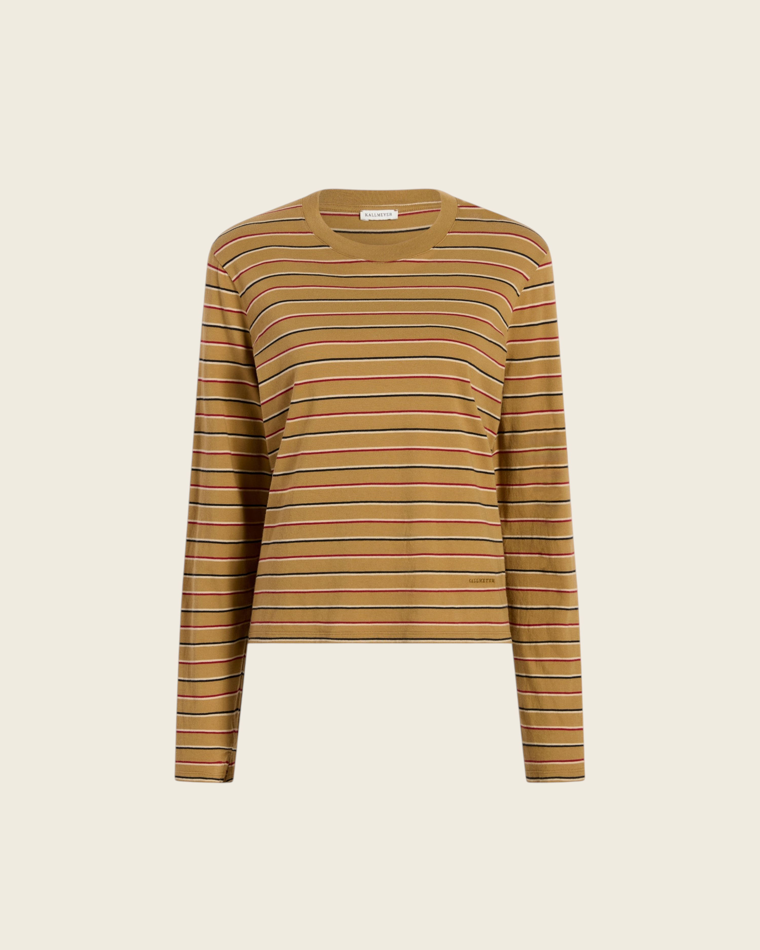 Weldun KALLMEYER Wynn long sleeve t-shirt in camel with multi-colored horizontal stripes and a relaxed boxy fit.