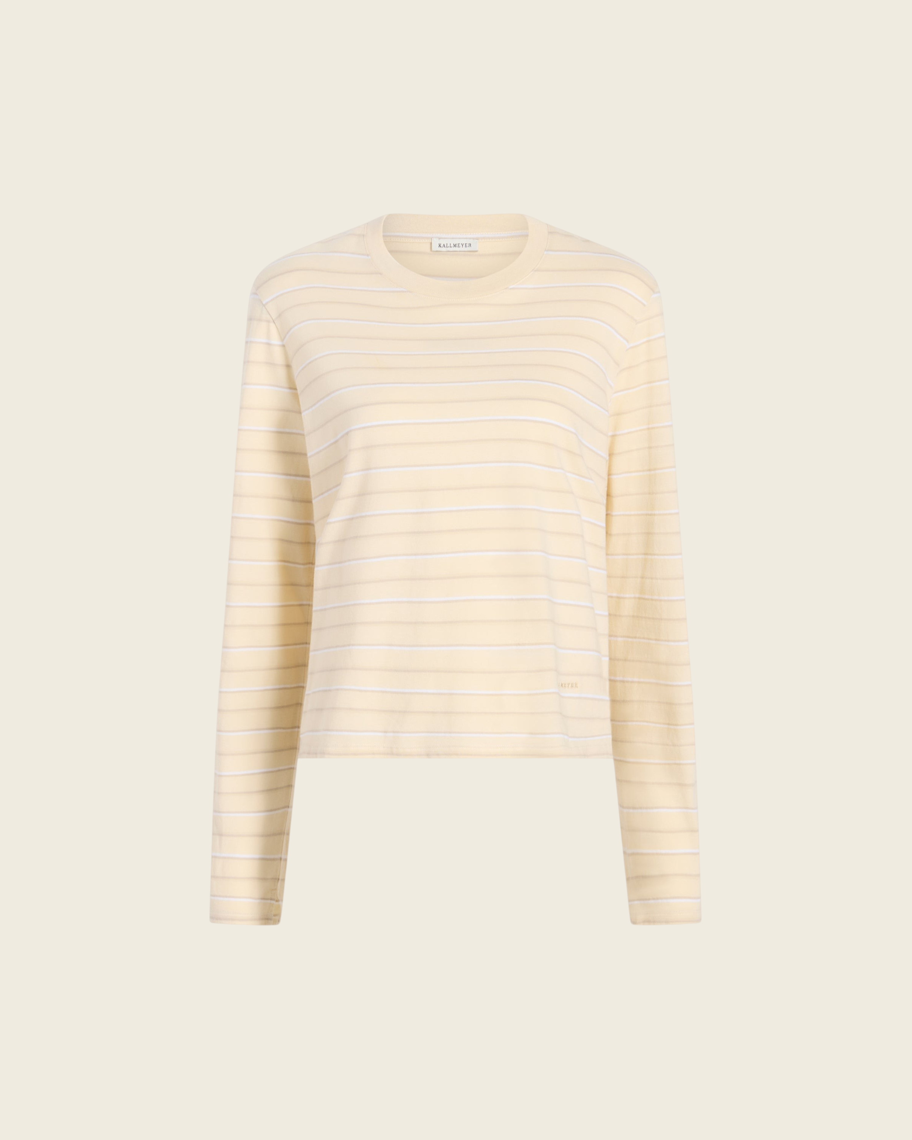 Weldun KALLMEYER Wynn long sleeve t-shirt in ecru with horizontal stripes, featuring a relaxed boxy fit.