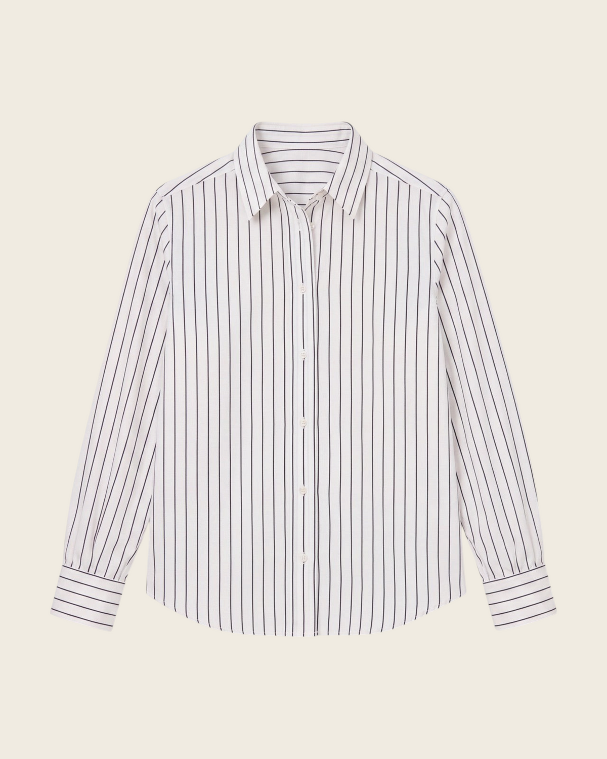 Weldun women's black and white striped cotton blouse with magnetic closures, long sleeves, and a classic collar.