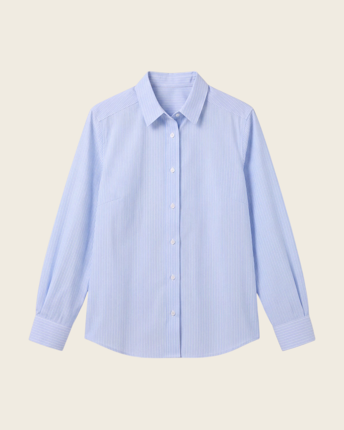 Weldun blue and white striped cotton blouse with magnetic closures, band collar, and long sleeves.