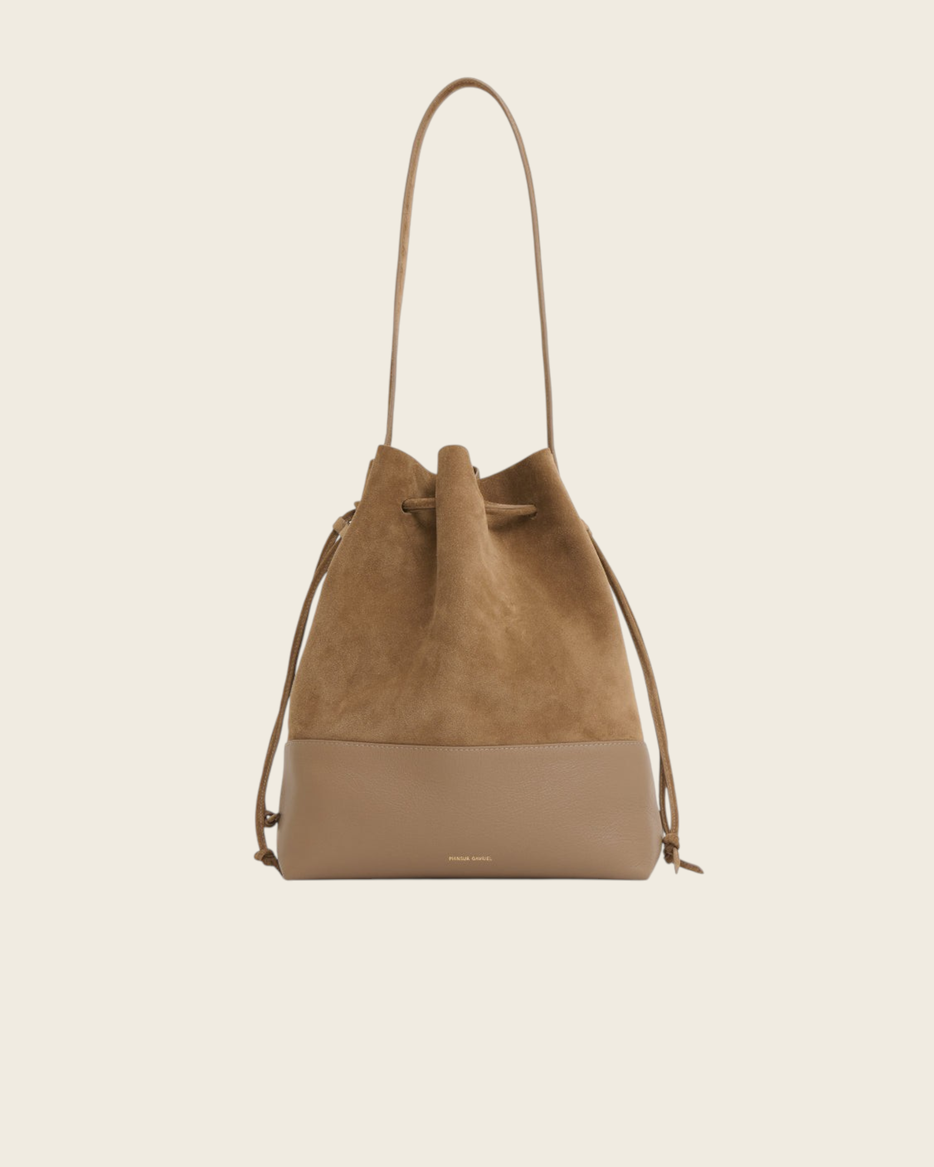 Weldun Mansur Gavriel Drawstring Cabas bucket bag in anise suede and leather with long shoulder straps
