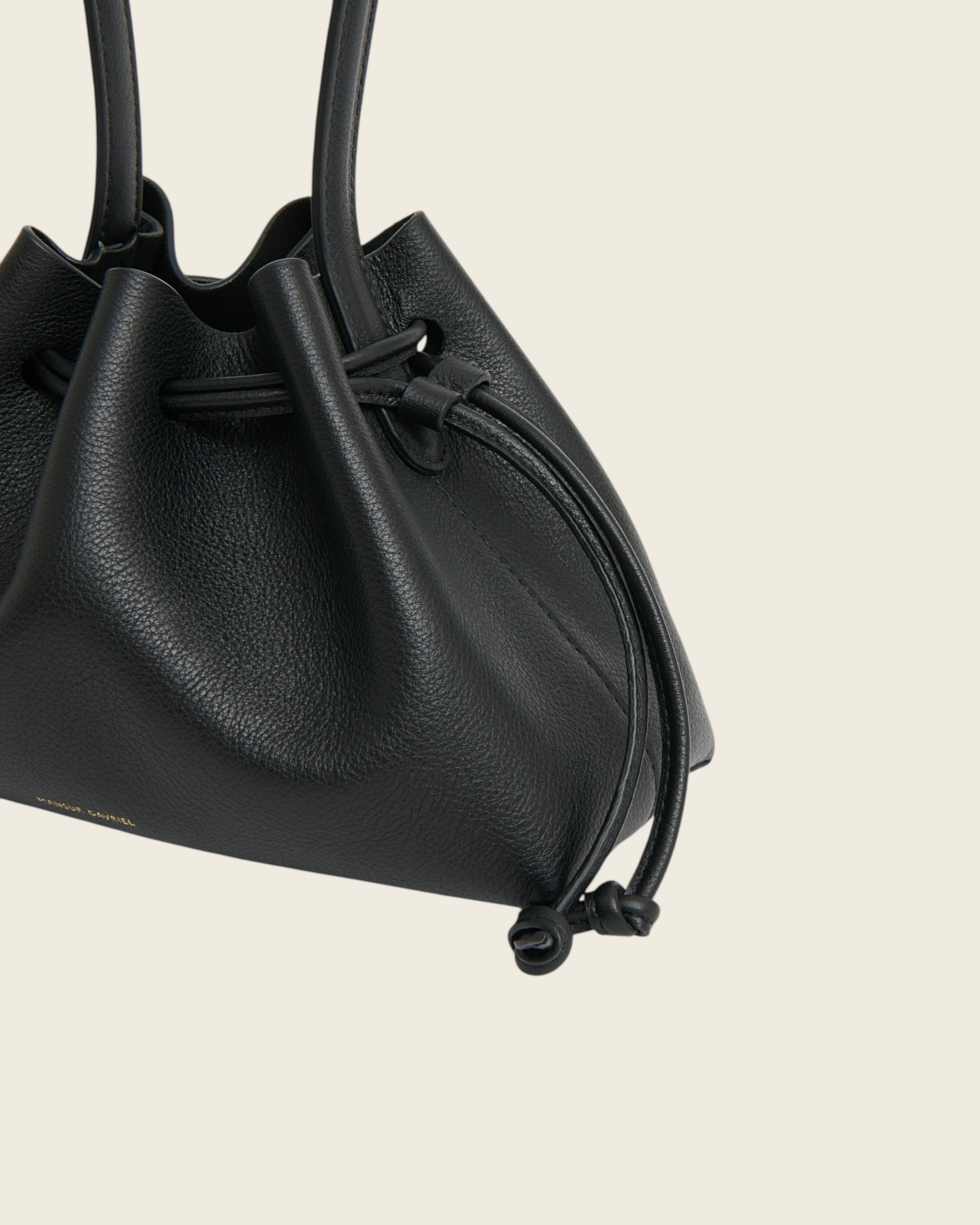 Weldun Mansur Gavriel black Italian leather drawstring pouchette with structured top handles