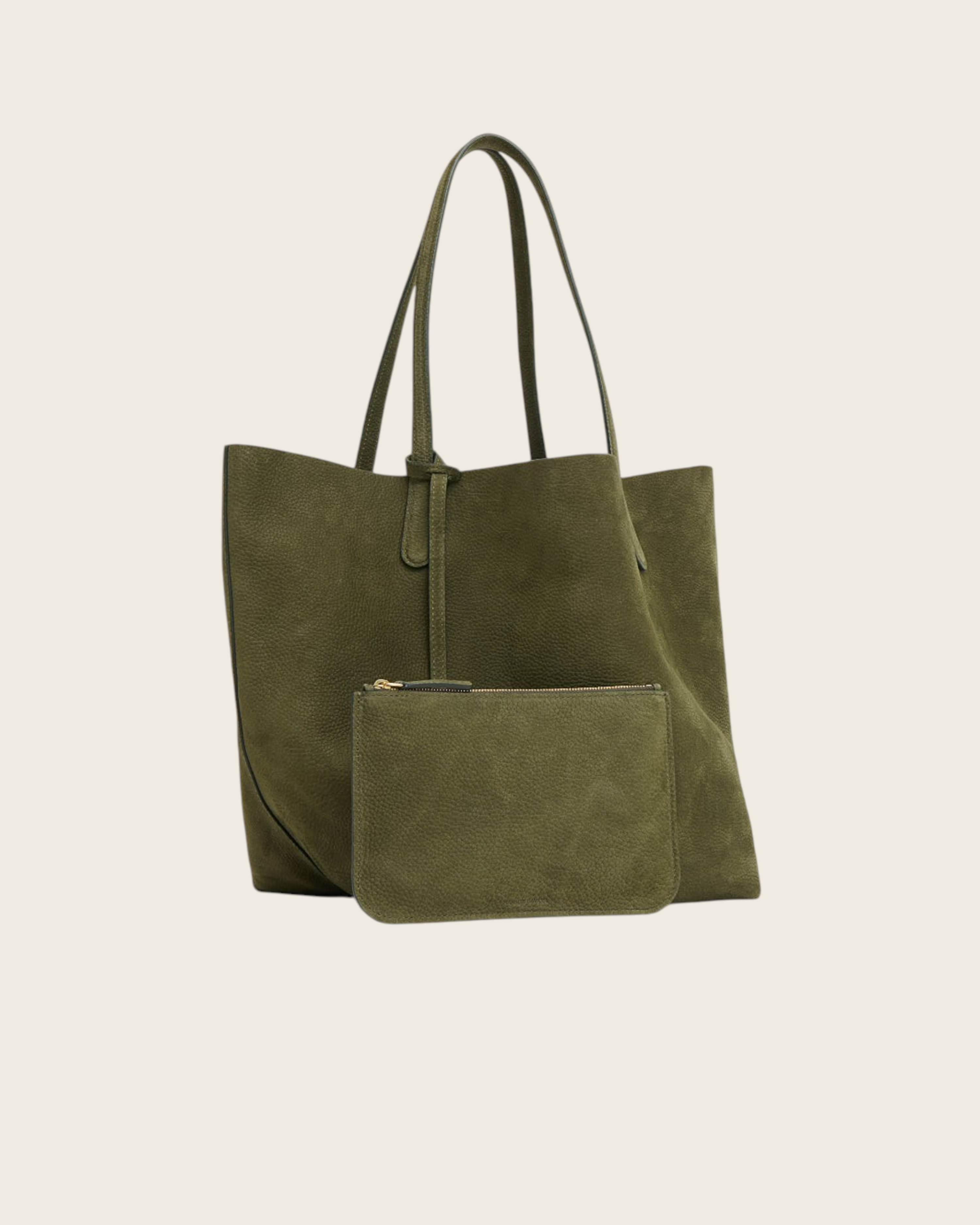 Weldun Mansur Gavriel Everyday Soft Tote in algae green pebbled nubuck leather with a matching detachable pouch.