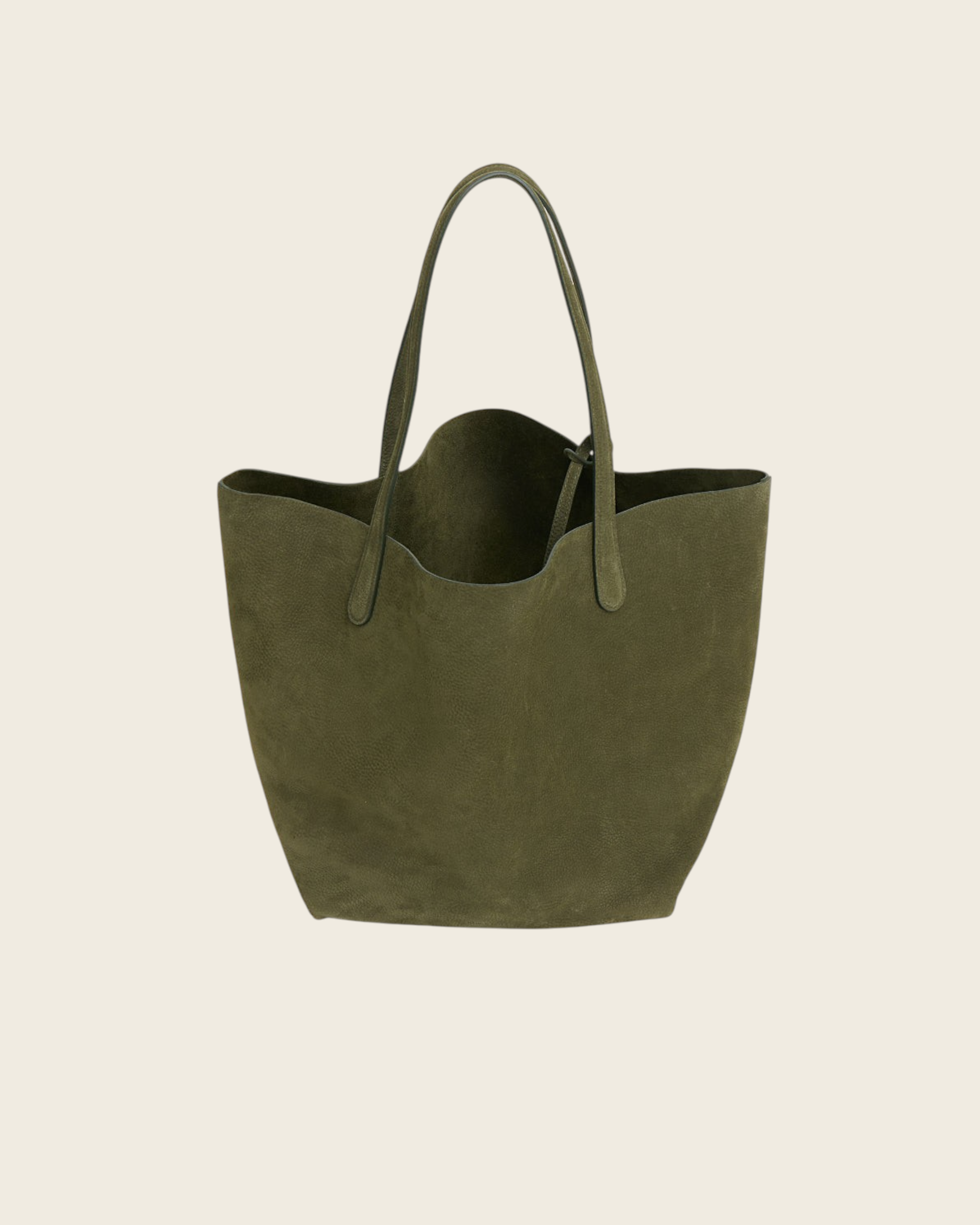 Weldun Everyday Soft Tote in algae green pebbled nubuck leather with a slouchy, unstructured design.