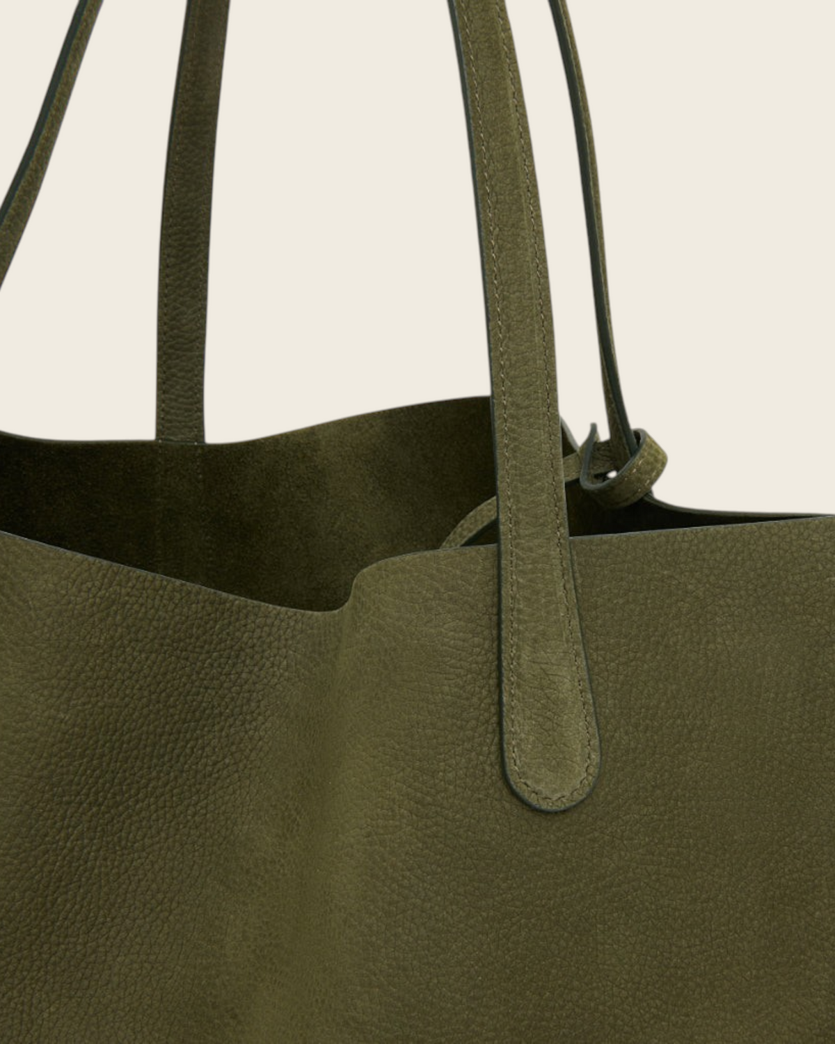 Weldun Everyday Soft Tote in algae green pebbled nubuck leather with a slouchy silhouette and reinforced handles.
