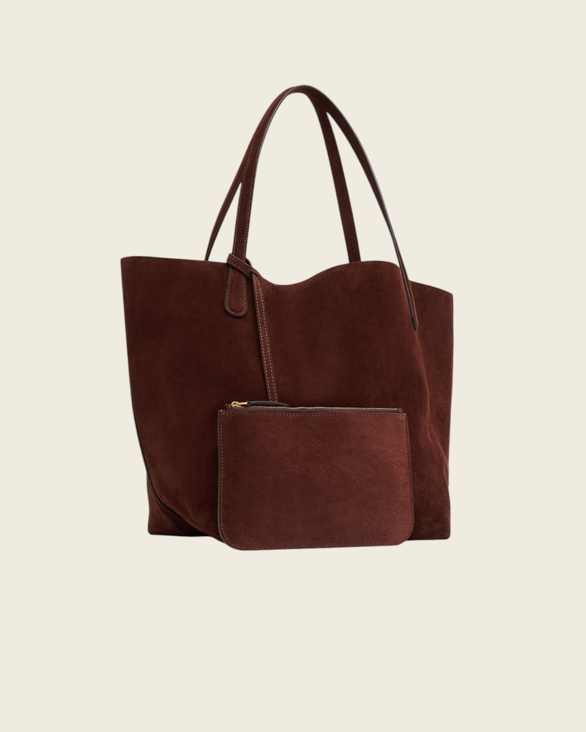 Weldun Mansur Gavriel chocolate brown suede tote bag with an unstructured design and matching zippered pouch