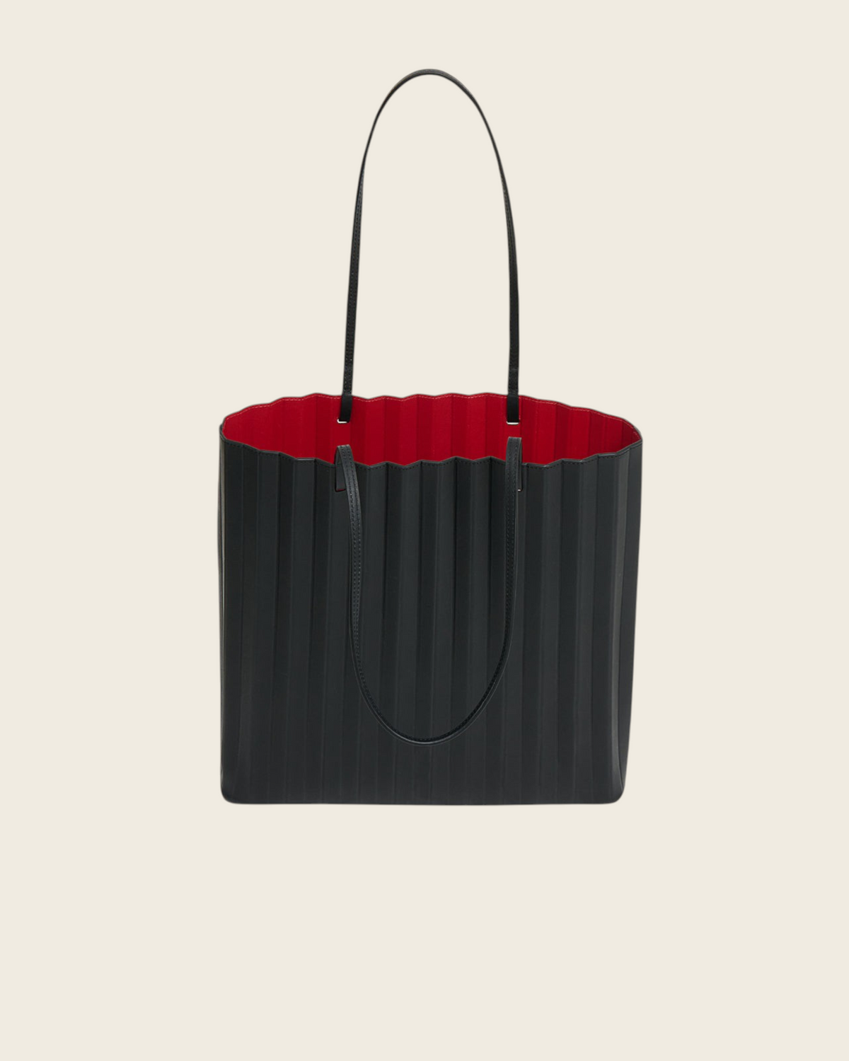 Weldun Mansur Gavriel large black pleated leather tote bag with a vibrant red interior and long shoulder straps.