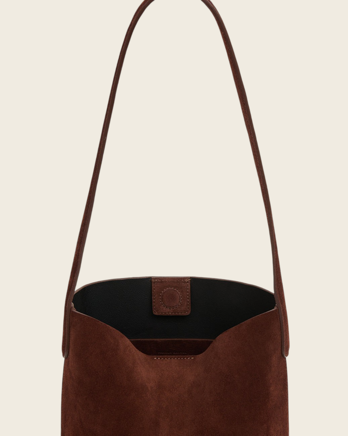 Weldun Mansur Gavriel Small Everyday Cabas in chocolate brown suede with elongated shoulder straps.