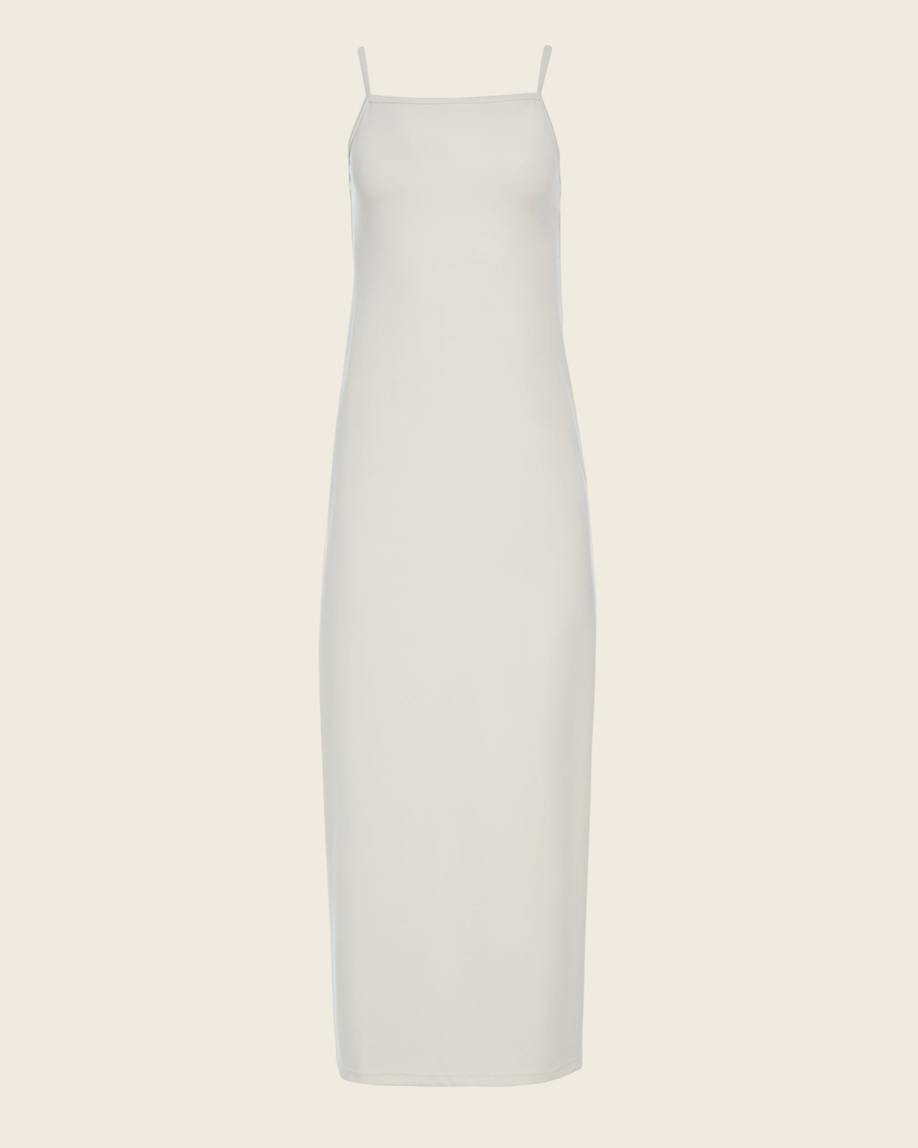 Weldun Alexandra maxi column dress in white with thin straps, square neckline, and soft stretch PYRATEX fabric.