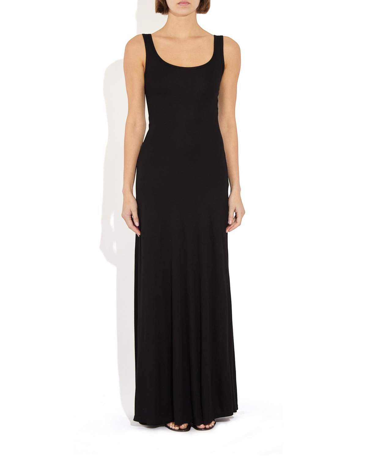 Weldun Annie Dress in black, a sleeveless maxi-length pull-on silhouette with a scoop neckline in recycled cotton.