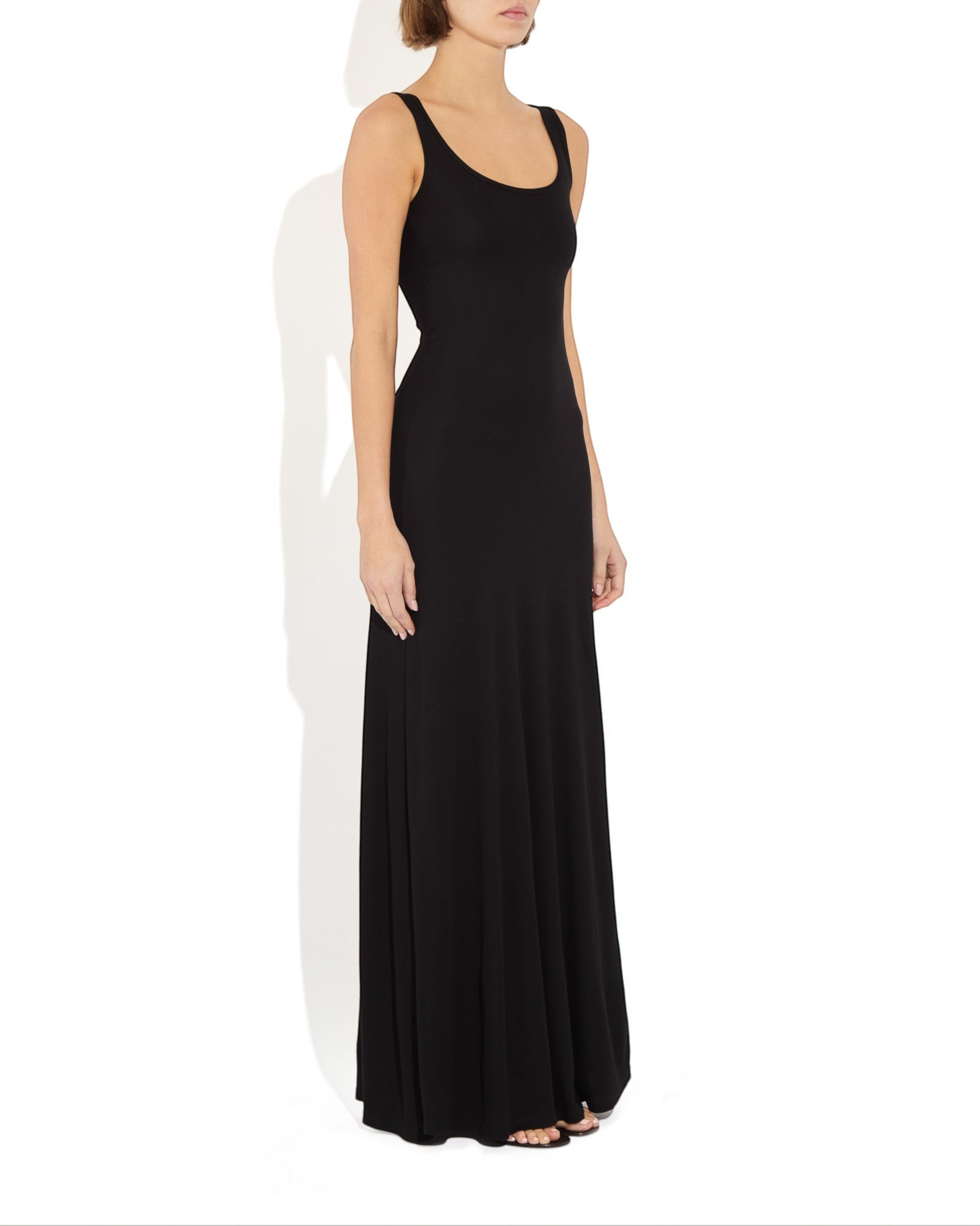 Weldun Annie Dress in black, a sleeveless maxi-length pull-on silhouette with a scoop neckline and fluid drape.