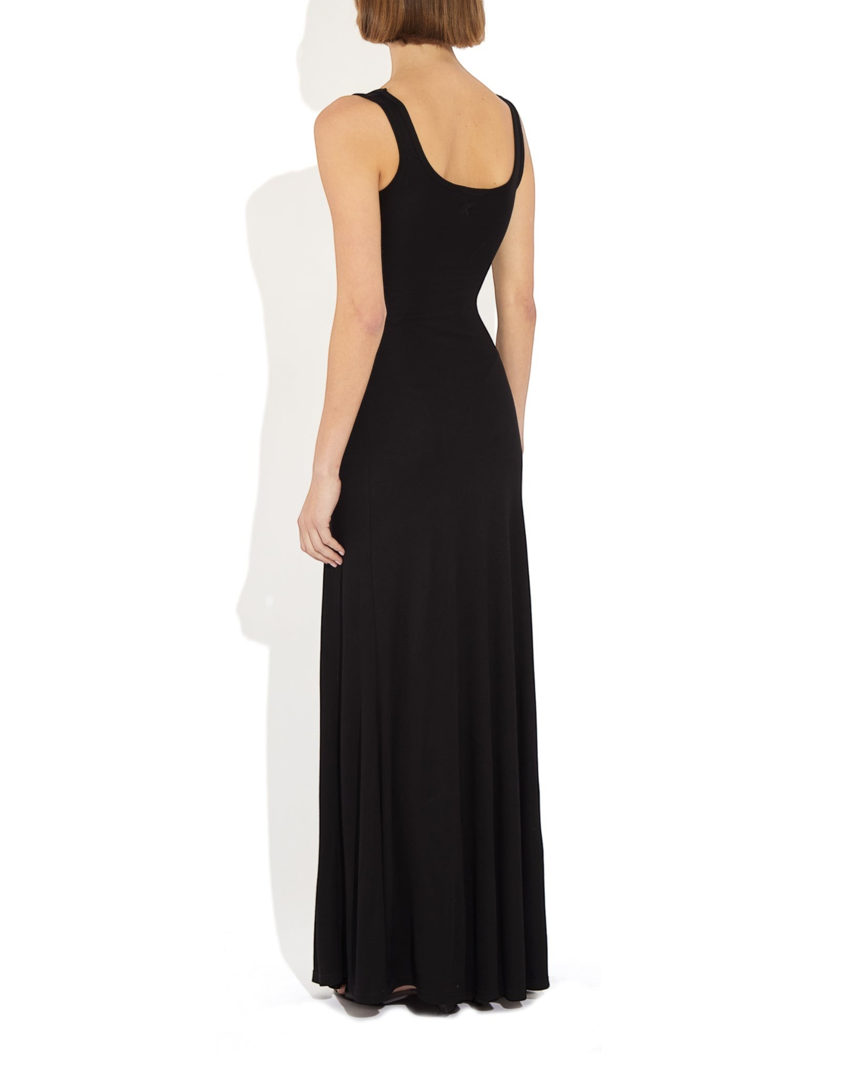 Weldun Annie maxi dress in black recycled cotton with a scoop neckline and fluid silhouette, back view