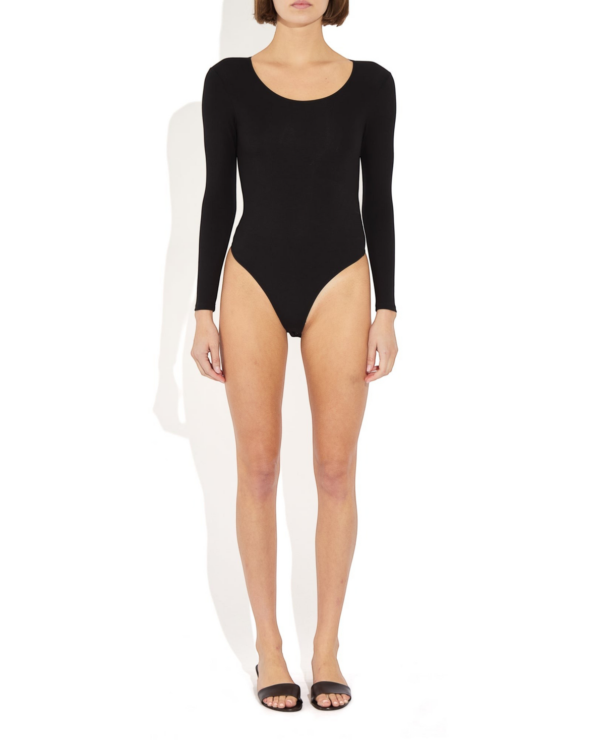 Weldun Donna long-sleeve black bodysuit in soft stretch-knit with a scoop neckline and cheeky bottom coverage.