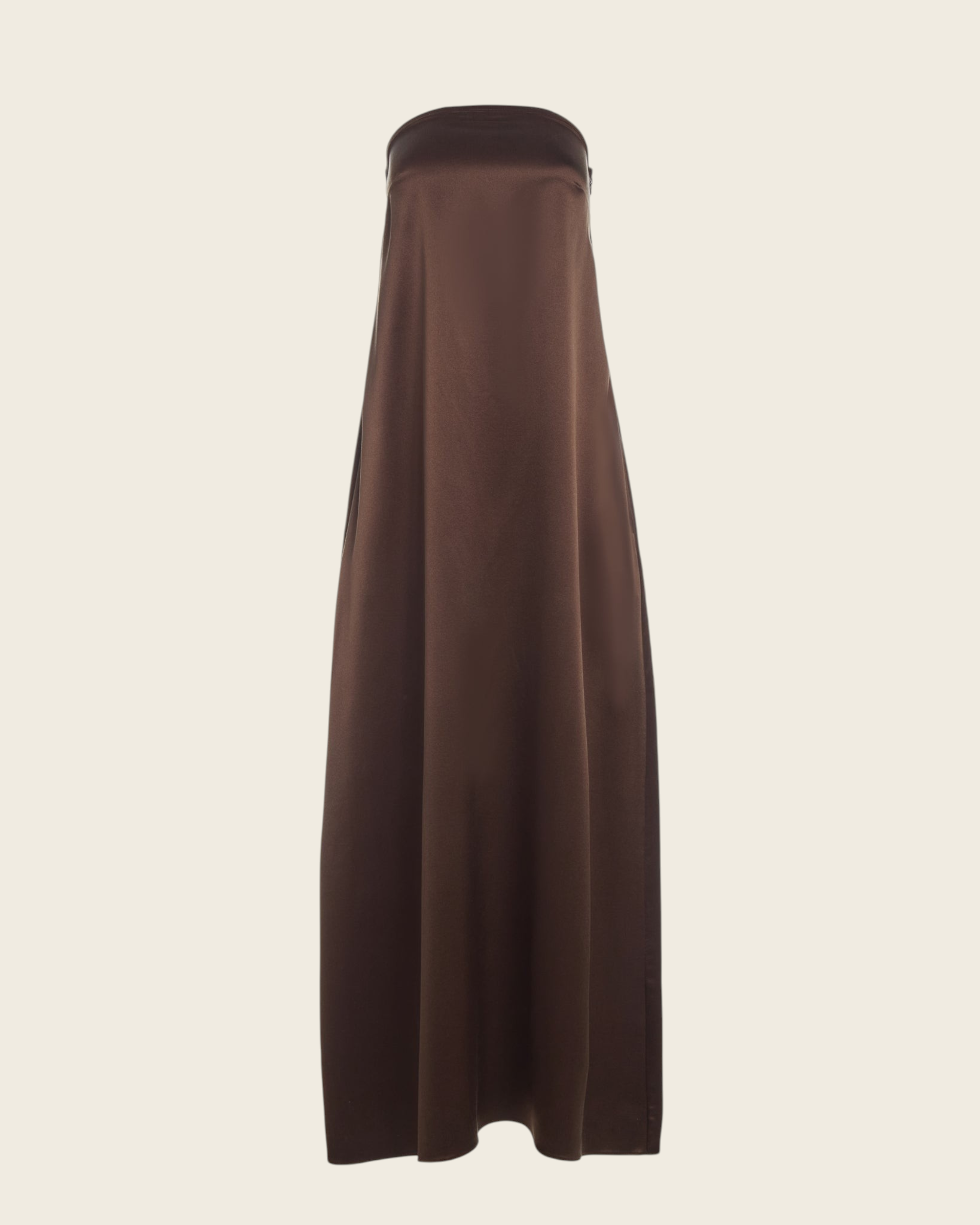 Weldun Edith Gown in dark brown silk satin featuring a strapless trapeze silhouette and maxi length.