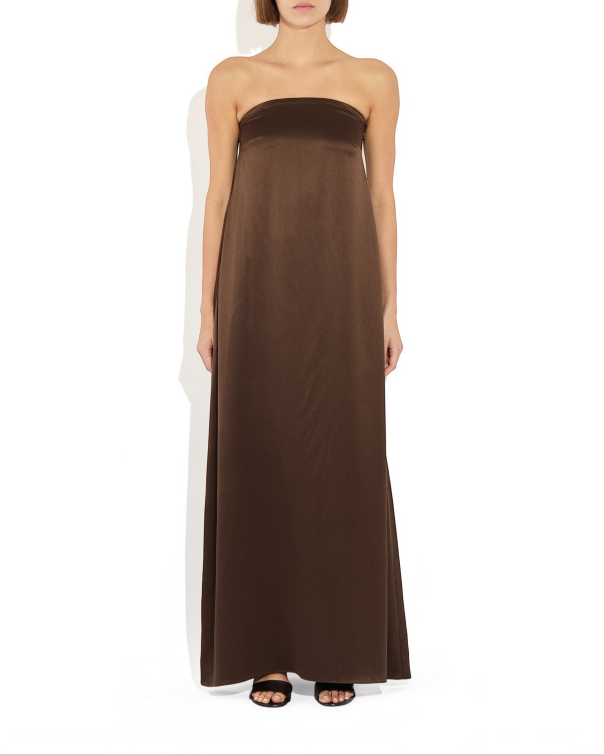 Weldun Edith Gown in dark brown silk satin, a strapless maxi-length trapeze dress with a fluid, elegant silhouette.