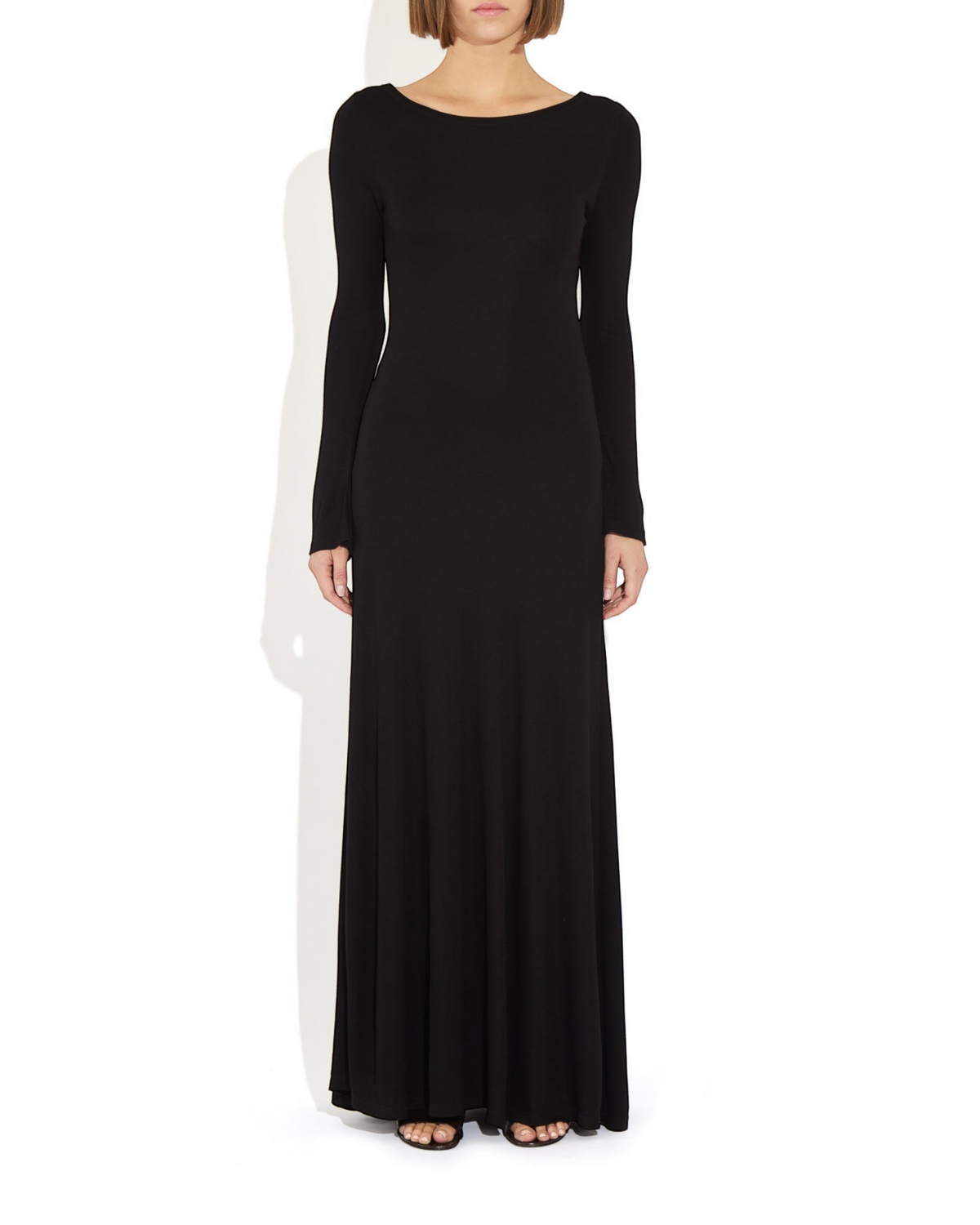 Weldun Lesley Dress in black Circulose jersey with a boat neckline and long bell sleeves in a floor-length style.