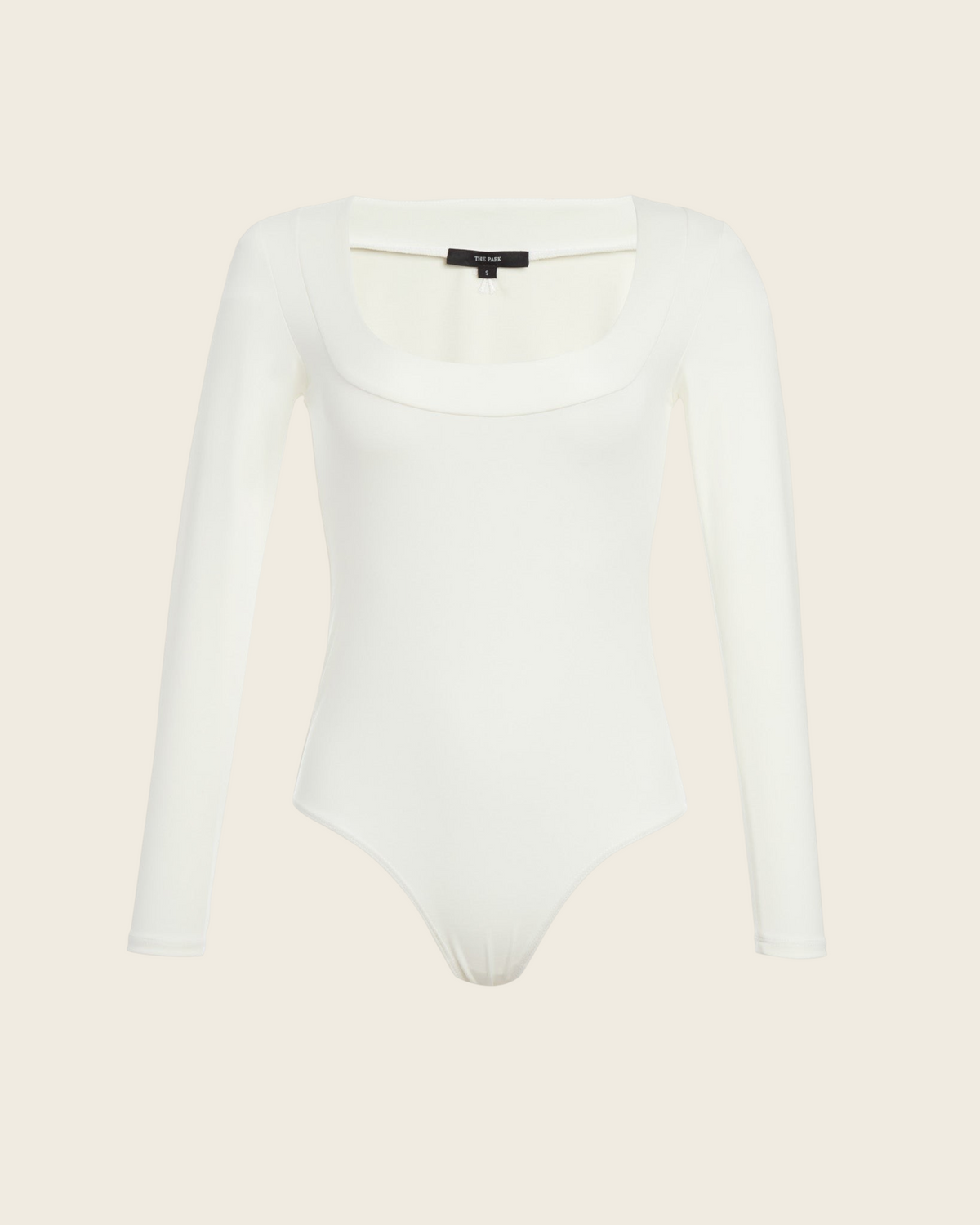 Weldun The Park white Maranda long-sleeve bodysuit with a structured scoop neckline and flexible compression fabric.