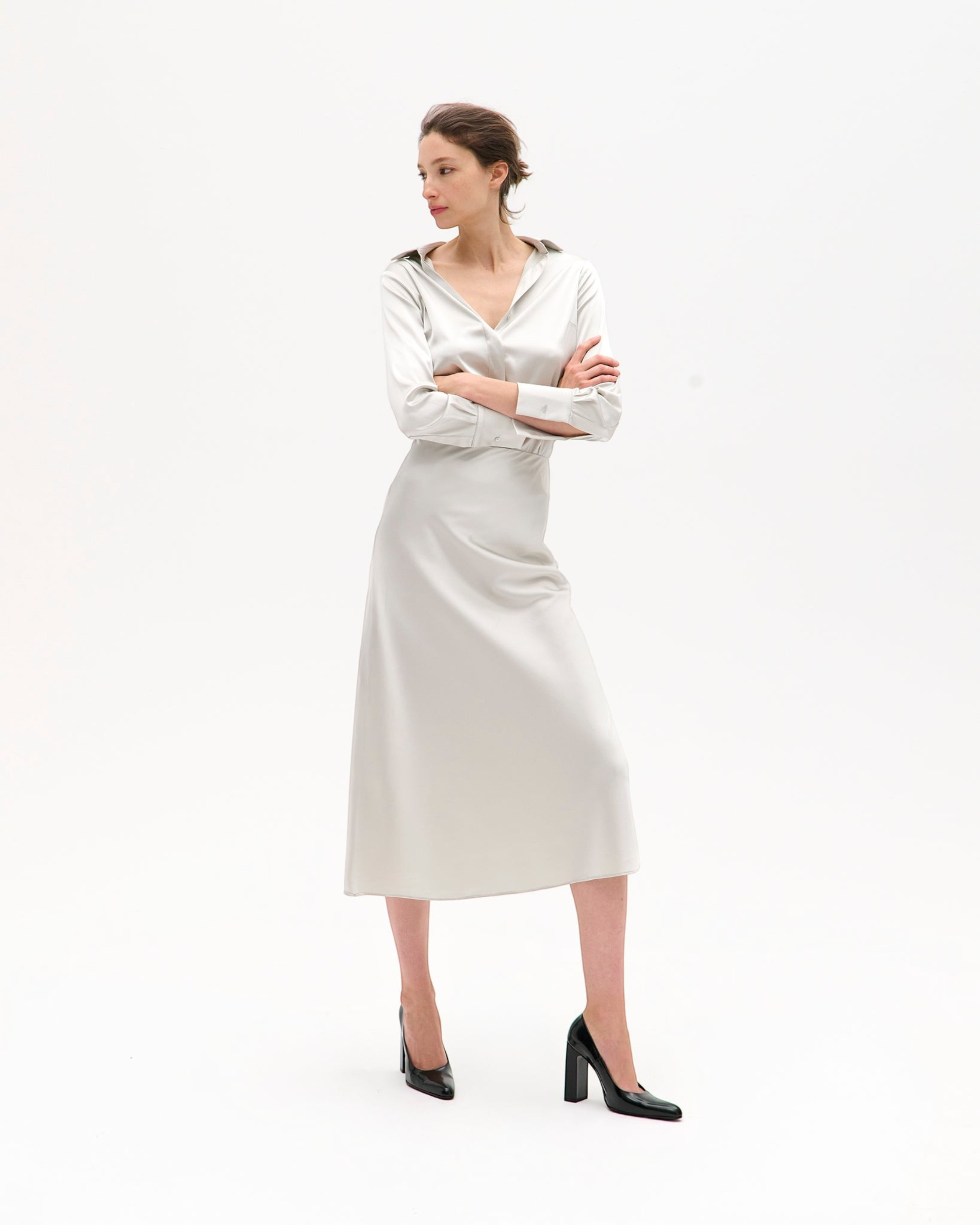 Weldun Max Skirt in champagne stretch silk with a fluid bias-cut silhouette and comfortable elastic waistband