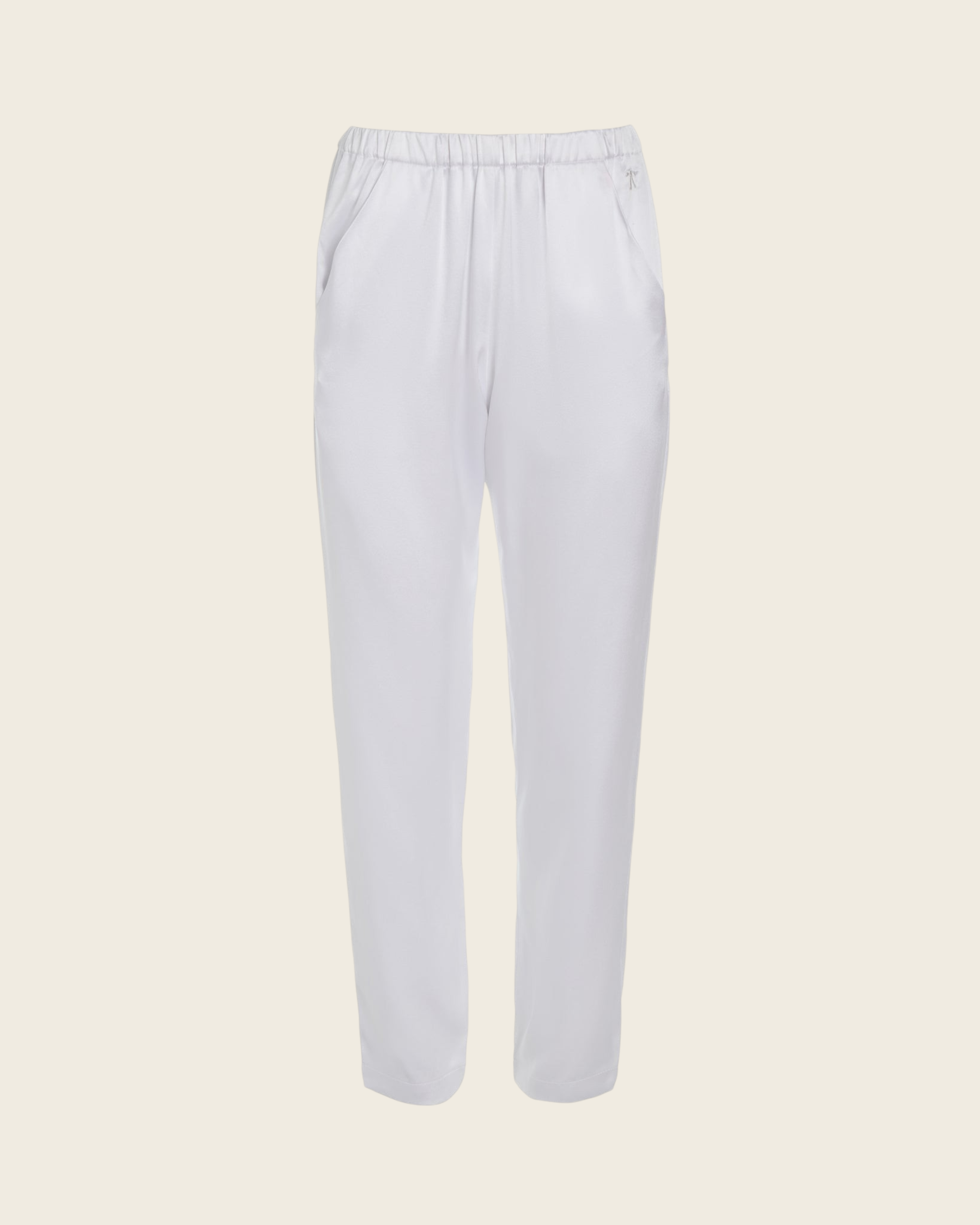 Weldun Rebecca Jogger in white mulberry silk with an elastic waistband, tapered leg, and side pockets.