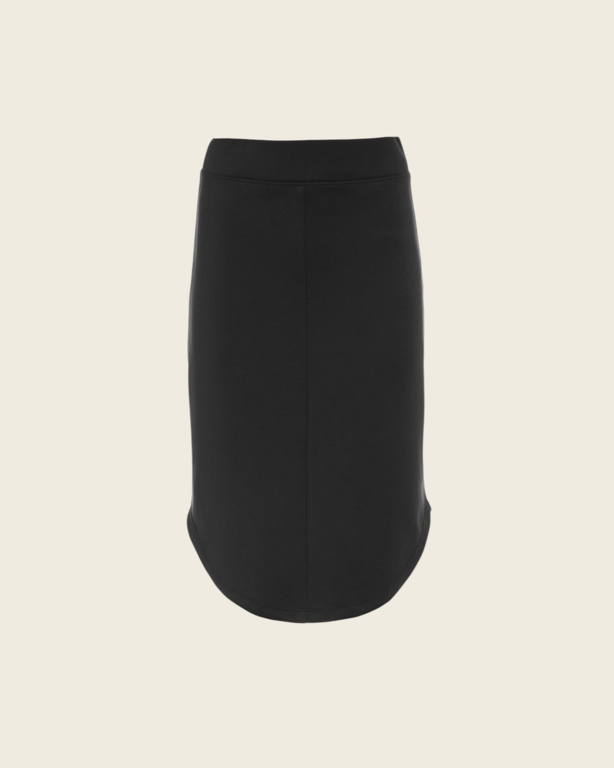 Weldun Rose Skirt in black stretch recycled-poly blend with a sculptural rounded hem and pencil silhouette.