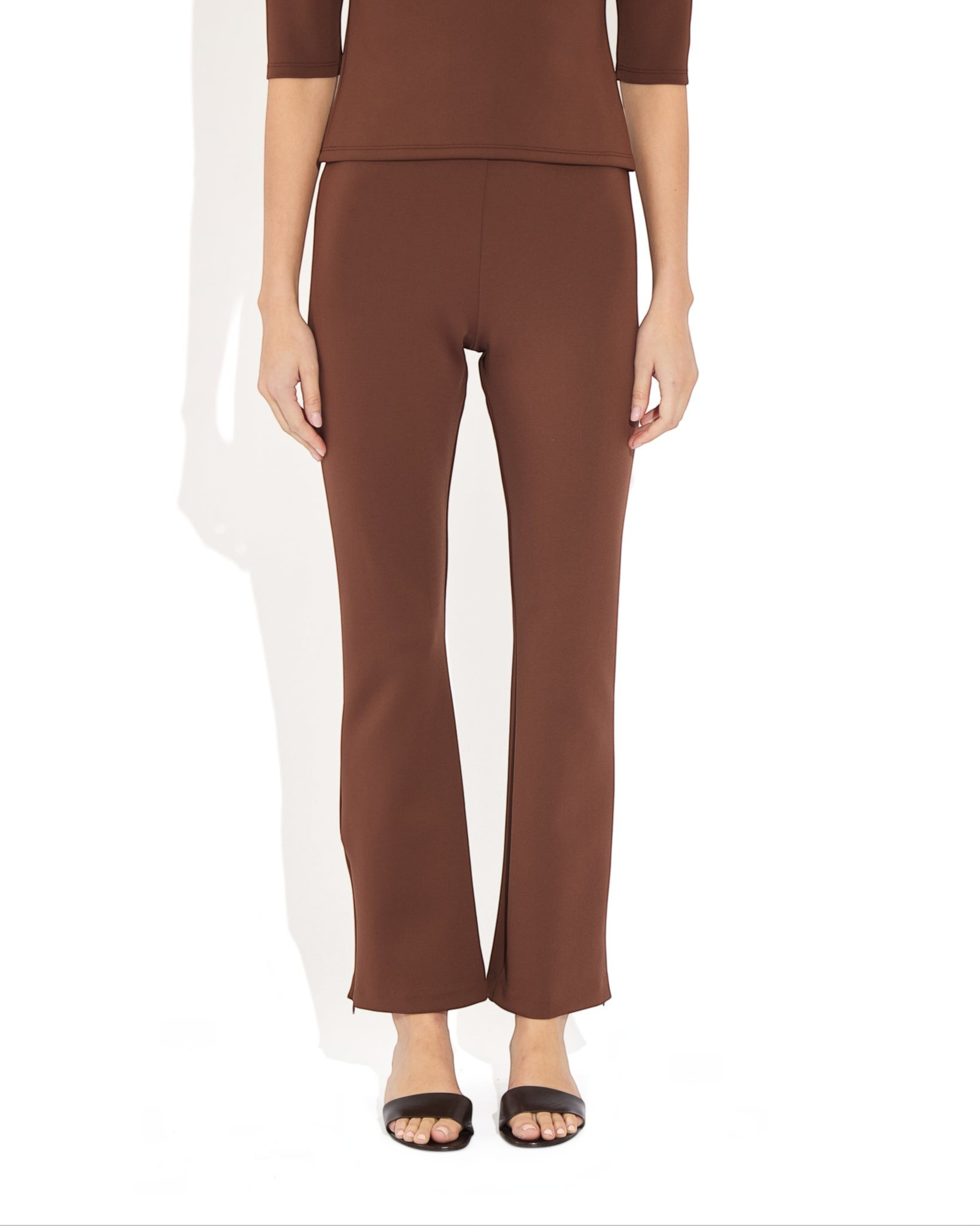 Weldun Sarah Pant in brown recycled polyester with an elastic waistband and adjustable side-zip hem detail.
