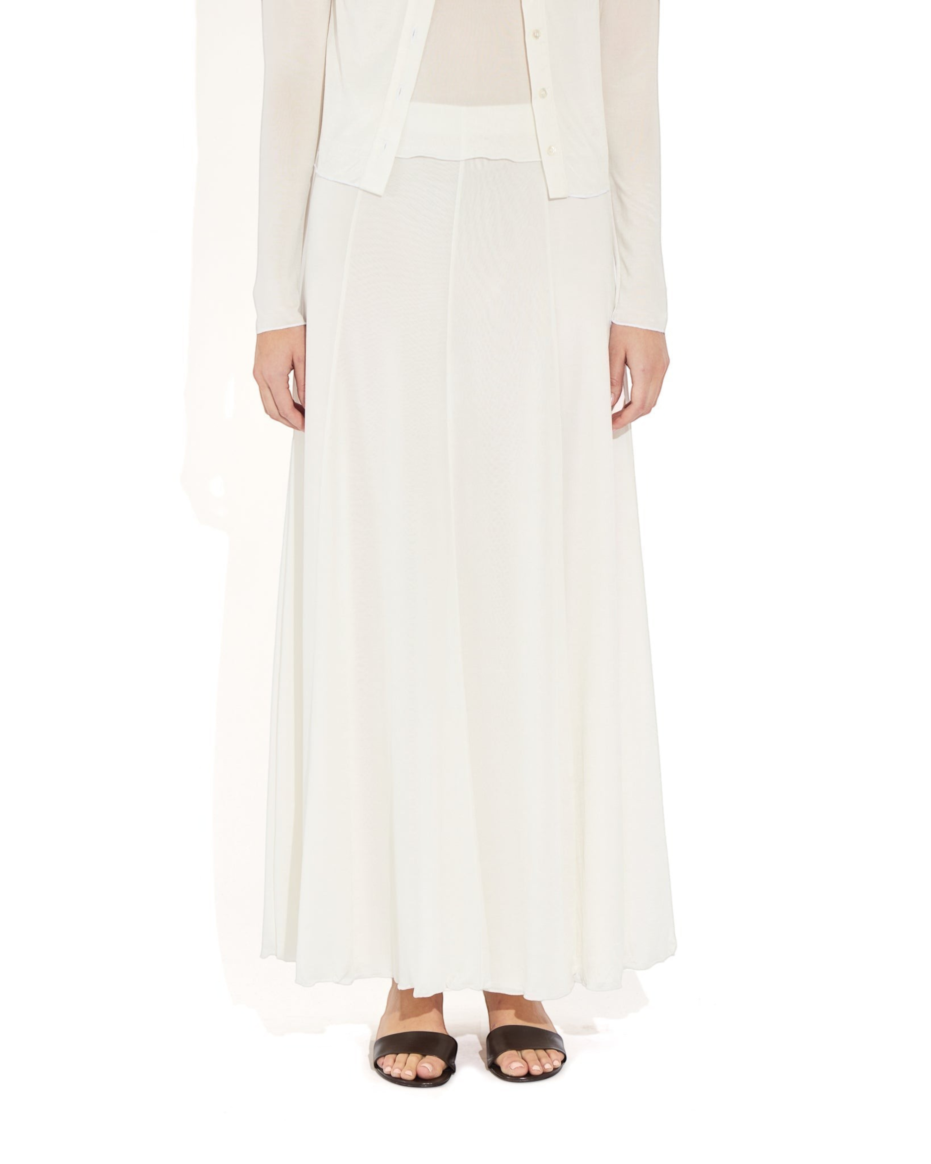 Weldun semi-sheer white Olivia maxi skirt in soft lyocell with an elastic waistband and fluid paneled construction.