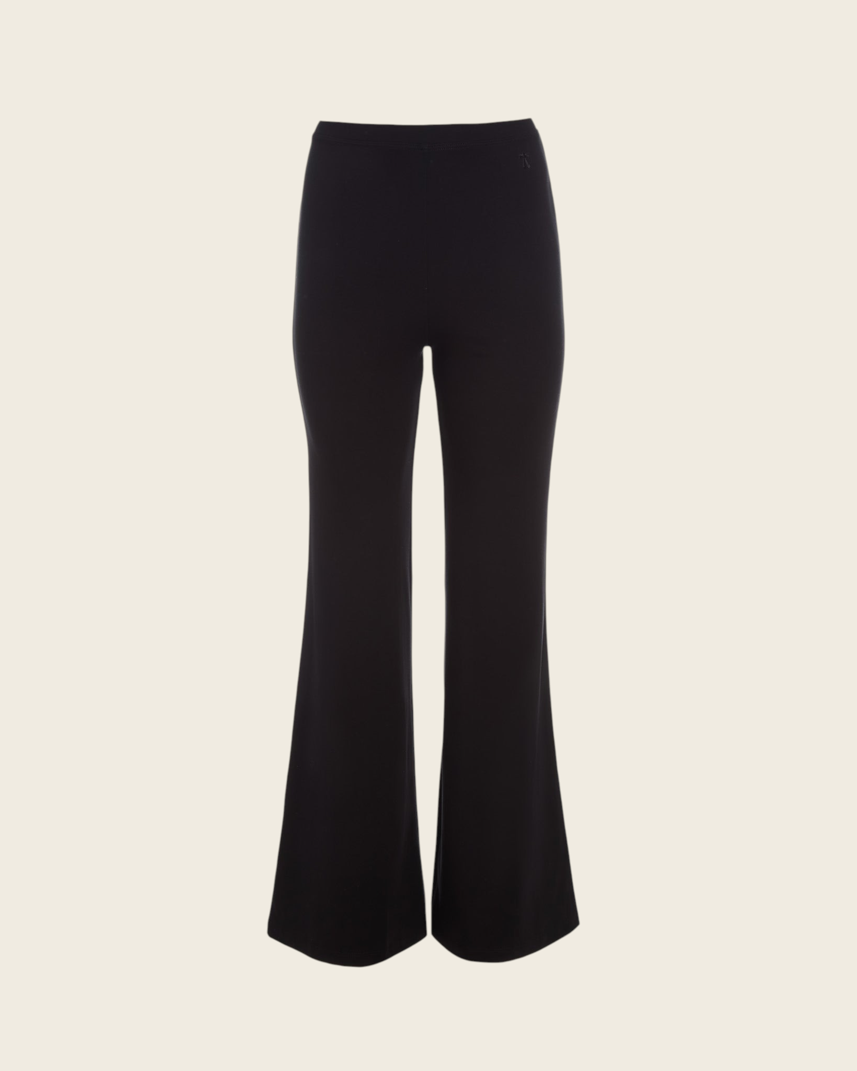 Weldun Tessa long black flare pants in soft breathable PYRATEX fabric with a high elasticated waistband.