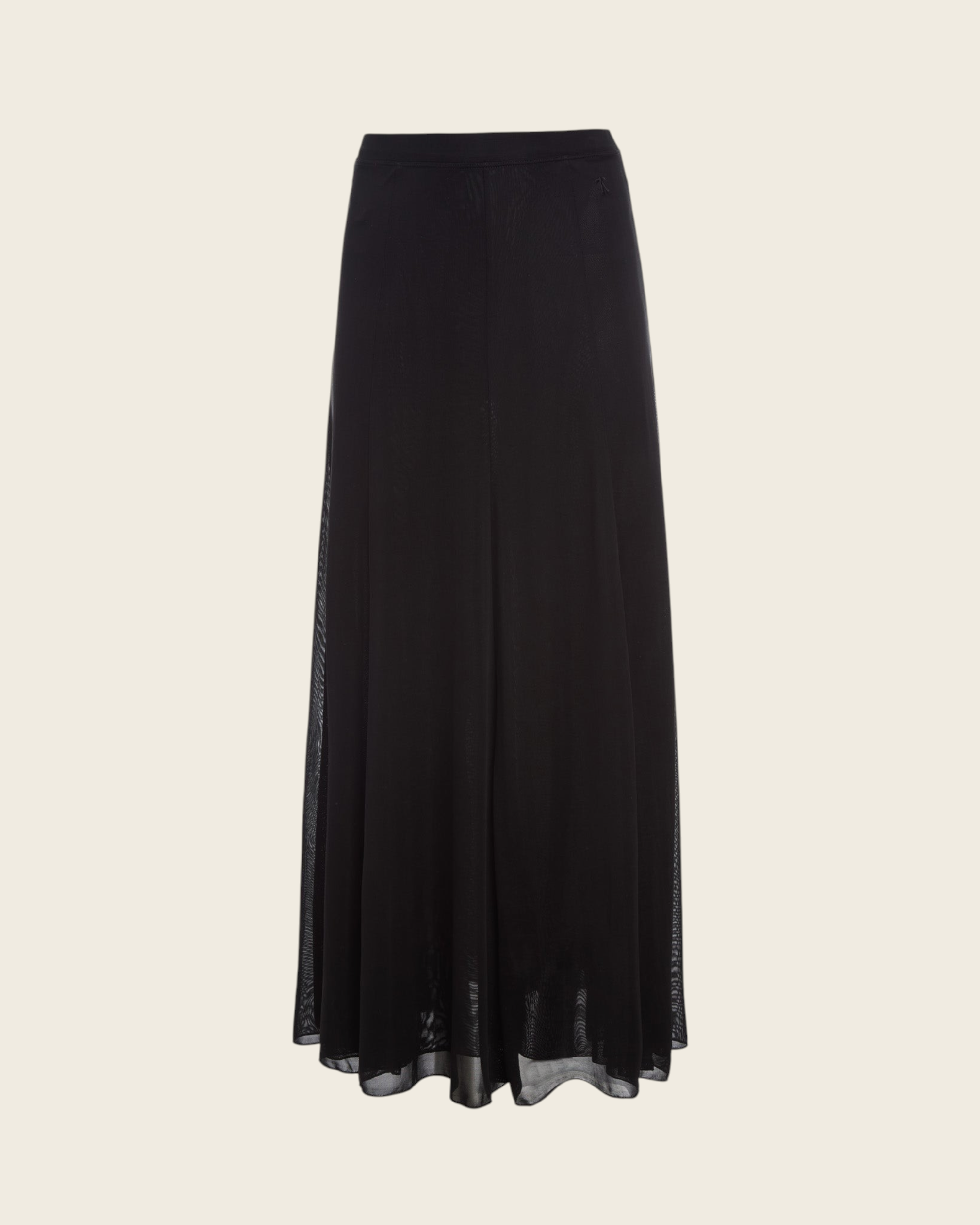 Weldun black semi-sheer Olivia maxi skirt with a fluid paneled design and comfortable elastic waistband.