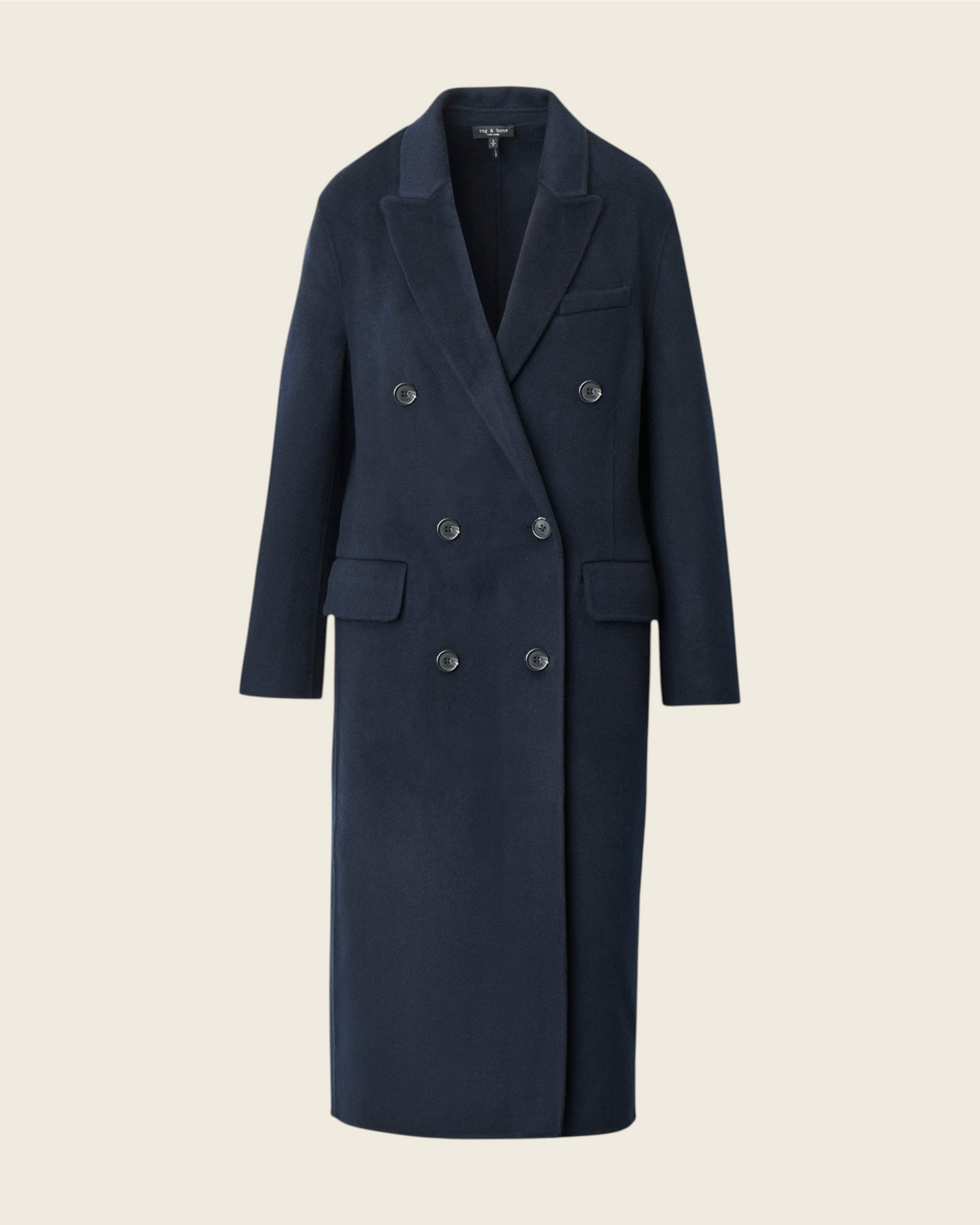 Weldun Vasso Coat in navy blue Italian wool and cashmere blend with a double-breasted button front design.
