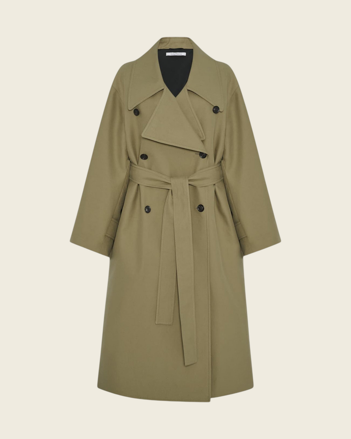 Weldun olive green double-breasted trench coat in organic cotton with a notch collar and self-tie waist belt.