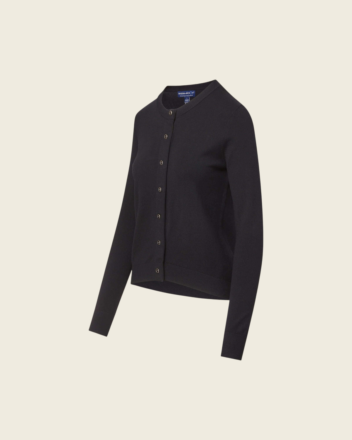 Weldun black adaptive knit cardigan with hidden magnetic front closures for easy dressing in a classic sweater style.