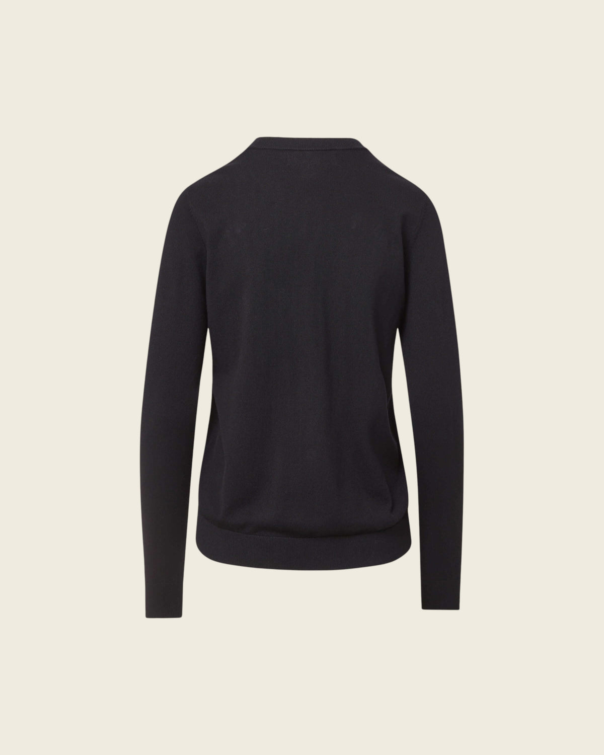 Weldun black adaptive knit cardigan sweater shown from the back, made from a soft rayon and nylon blend.