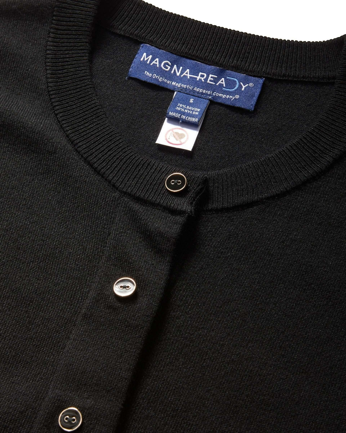 Weldun black adaptive knit cardigan featuring MagnaReady magnetic closures behind faux buttons for easy dressing.