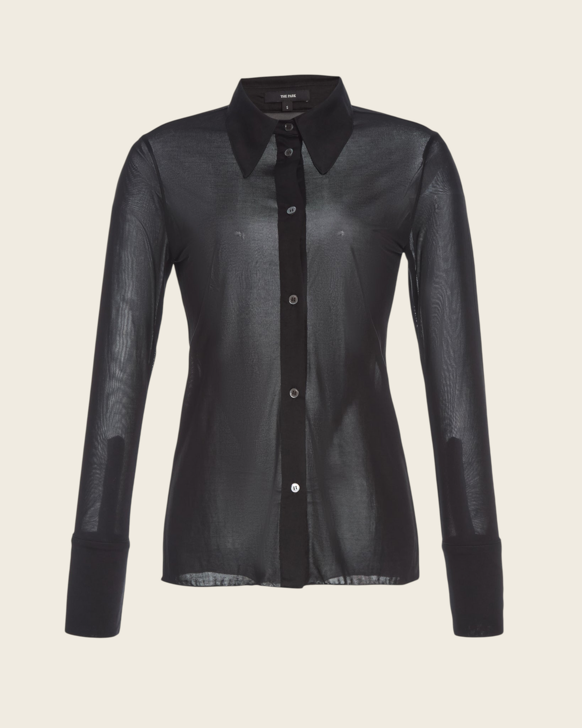 Weldun Semi-Sheer Serge Blouse in black featuring an elongated collar, button-down front, and soft lyocell fabric.