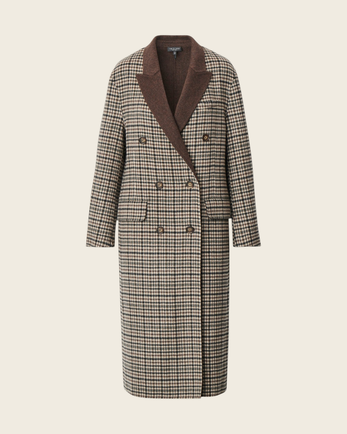 Weldun rag & bone Vasso long double-breasted plaid wool coat with a contrast heather-brown lapel and button front.
