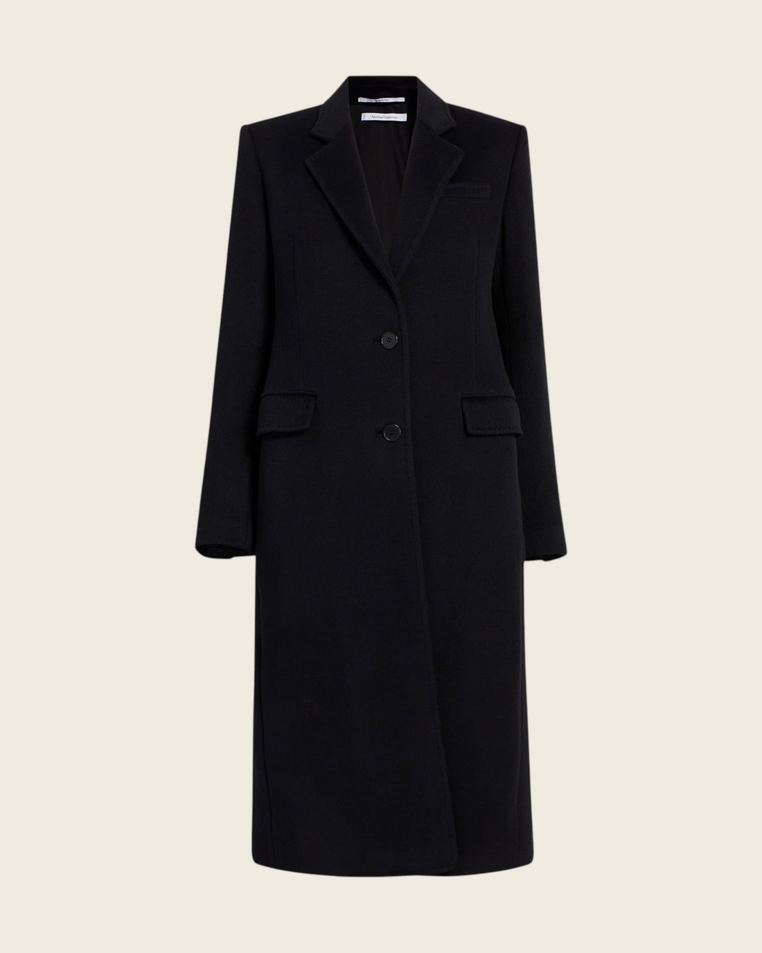 Weldun black tailored overcoat in soft recycled cashmere with a classic notched lapel and two-button closure.