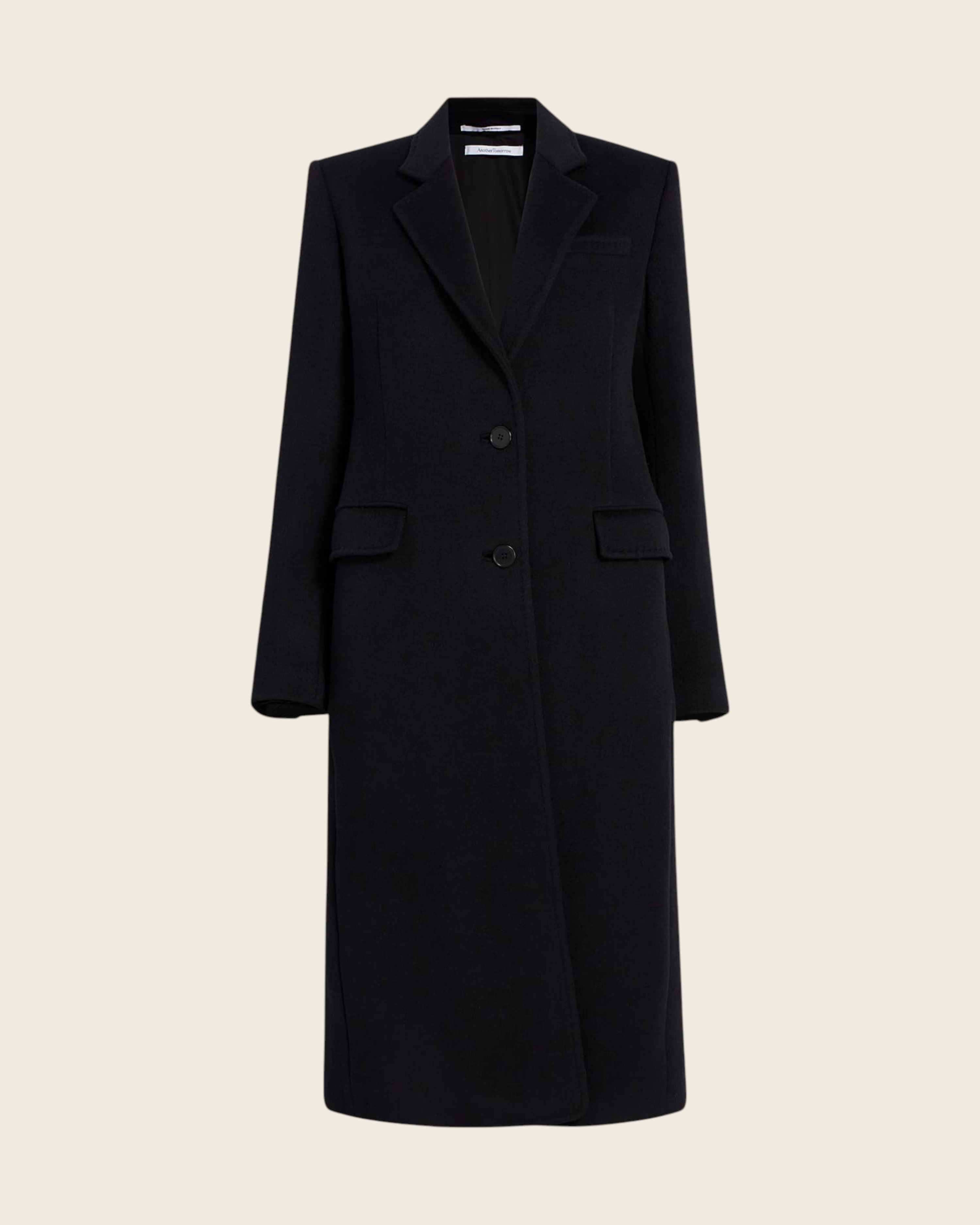 Weldun black tailored overcoat in soft recycled cashmere with a classic notched lapel and two-button closure.