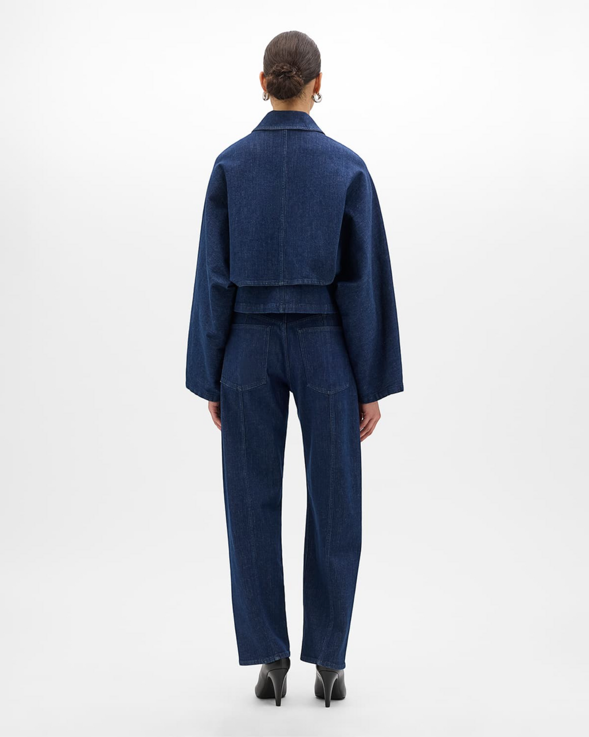 Weldun Another Tomorrow indigo denim blouson jacket with a relaxed fit and double-layered back, back view