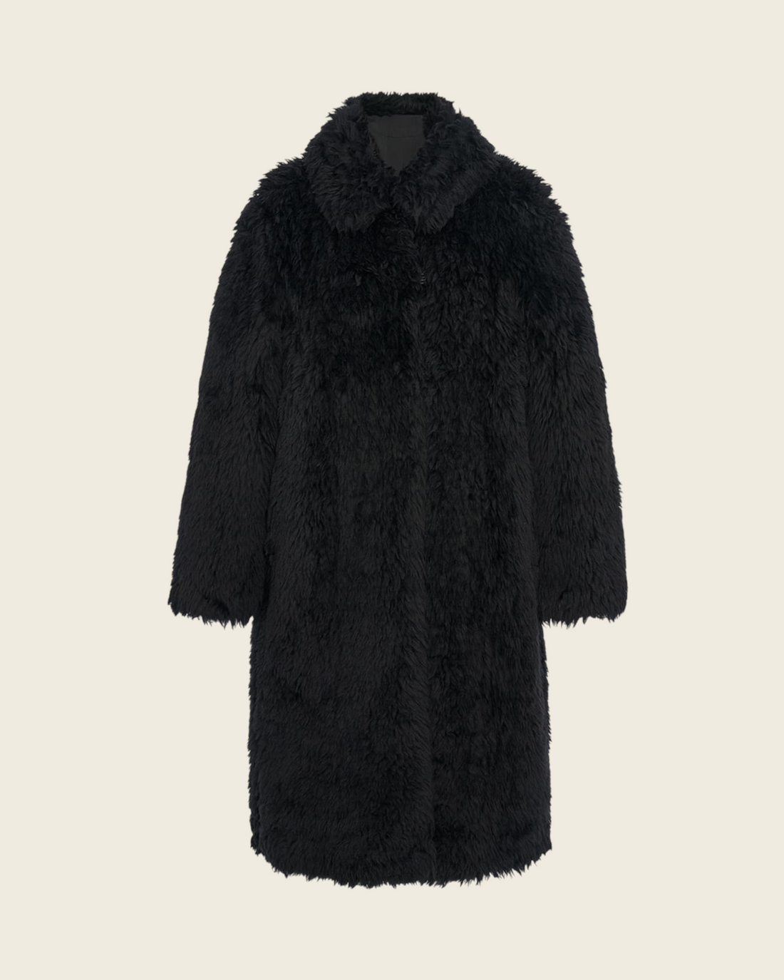 Weldun black faux fur Balmacaan coat with a relaxed oversized fit, point collar, and front frog closures.