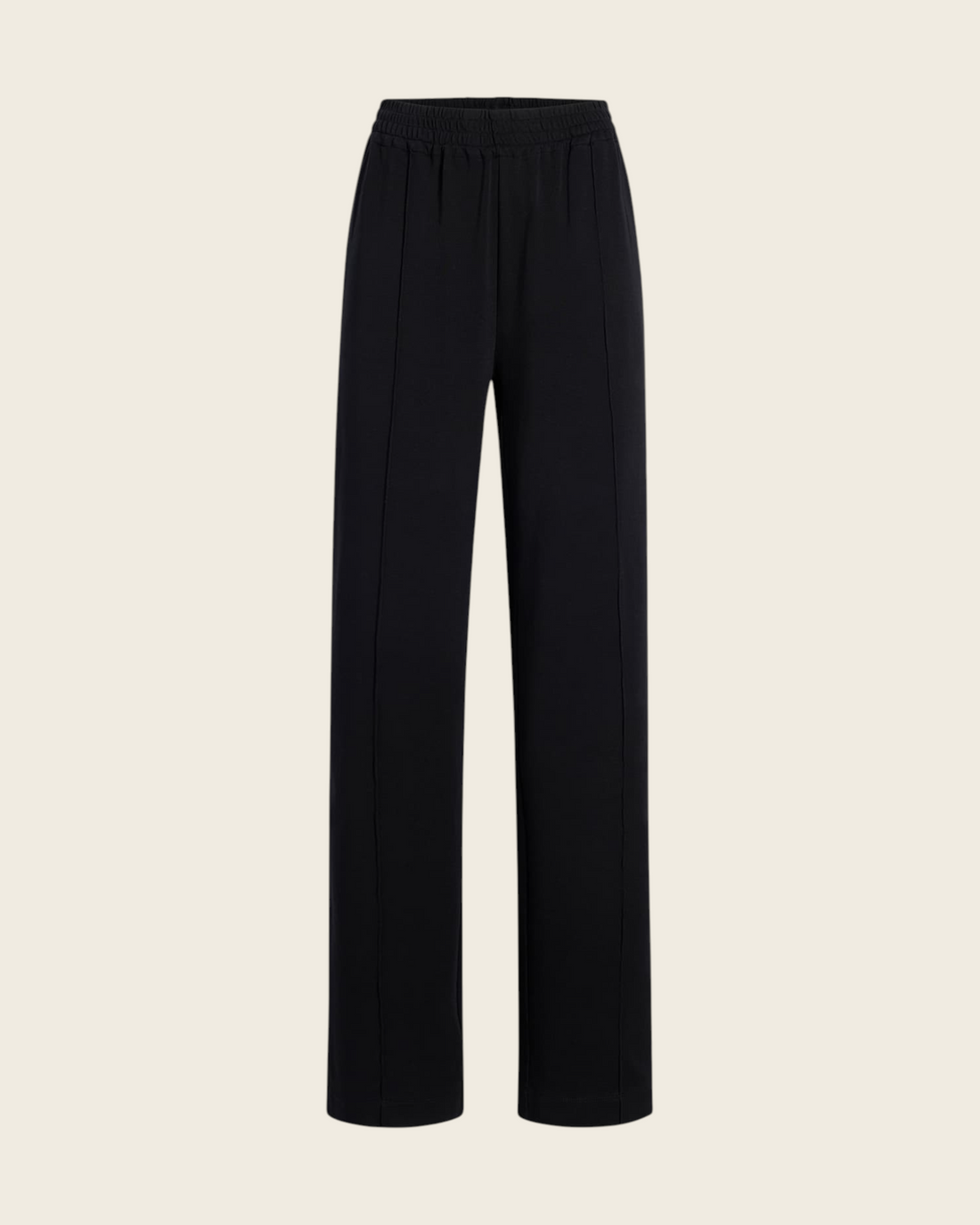 Weldun black Luxe Seamed Lounge Pant with elastic waistband, straight leg fit, and front pintuck detailing.