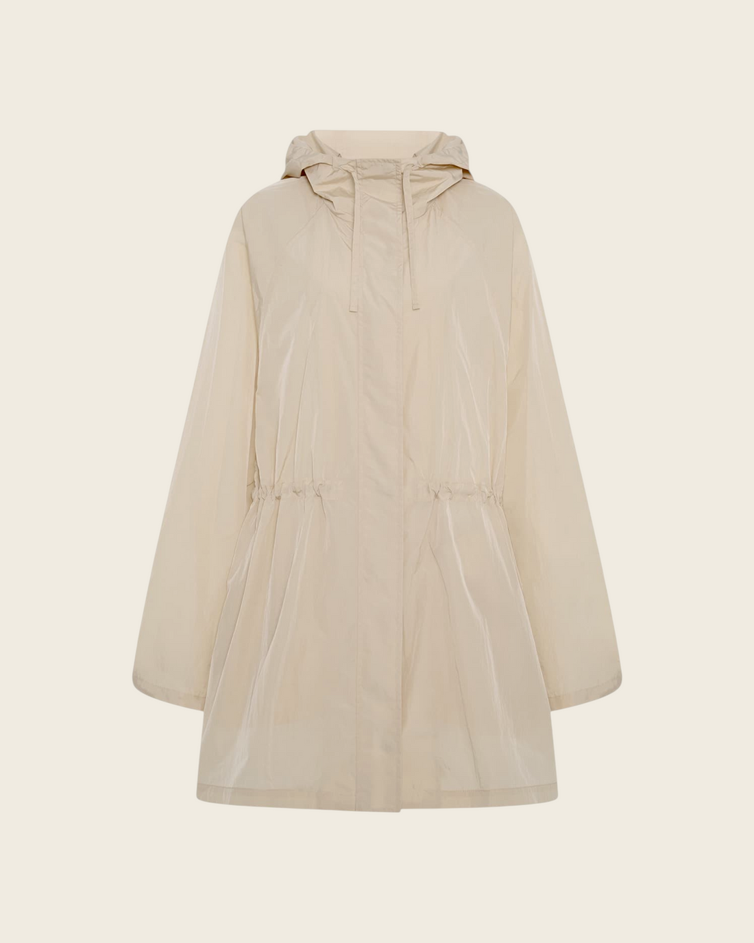 Weldun sand recycled nylon anorak with an oversized hood, adjustable waist, and water-resistant finish.