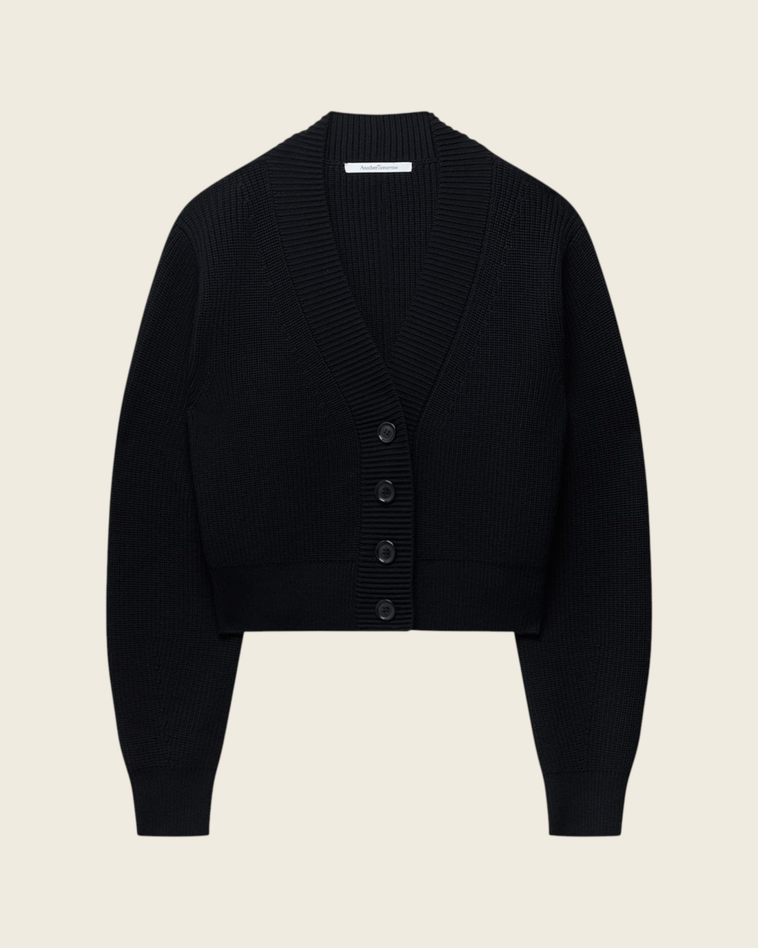 Weldun black ribbed cropped cardigan with deep-V neckline, oversized sleeves, and front button closure.