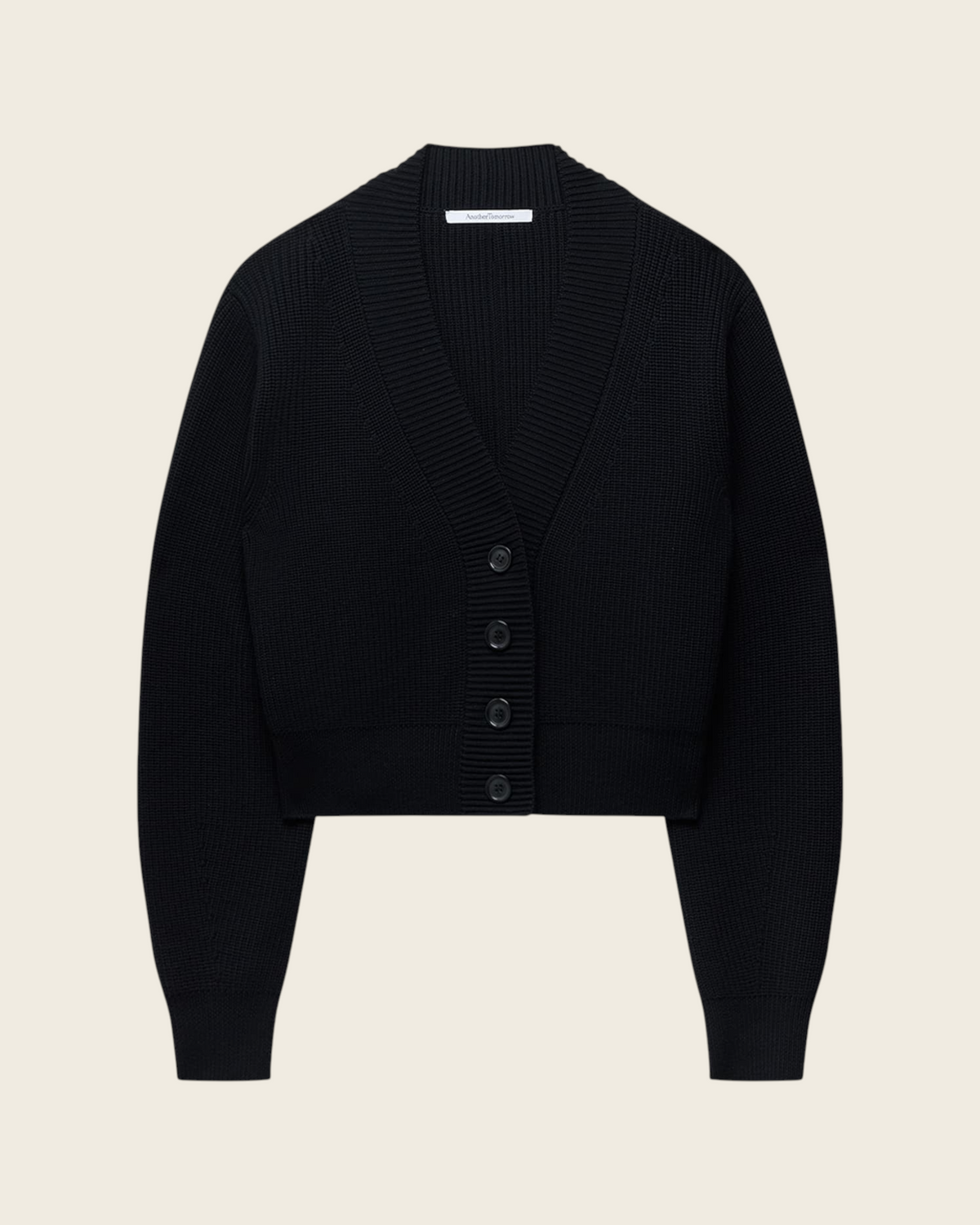 Weldun black ribbed cropped cardigan with deep-V neckline, oversized sleeves, and front button closure.